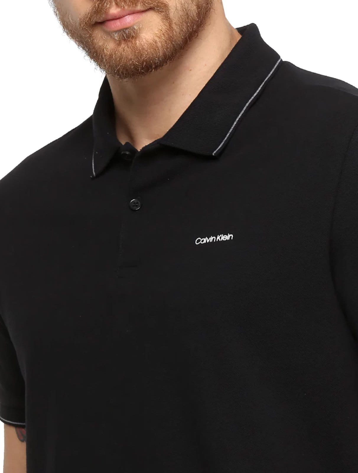 Vista 2 Polo Calvin Klein Masculina Piquet Slim Básica Relevo Preta Calvin Klein preto