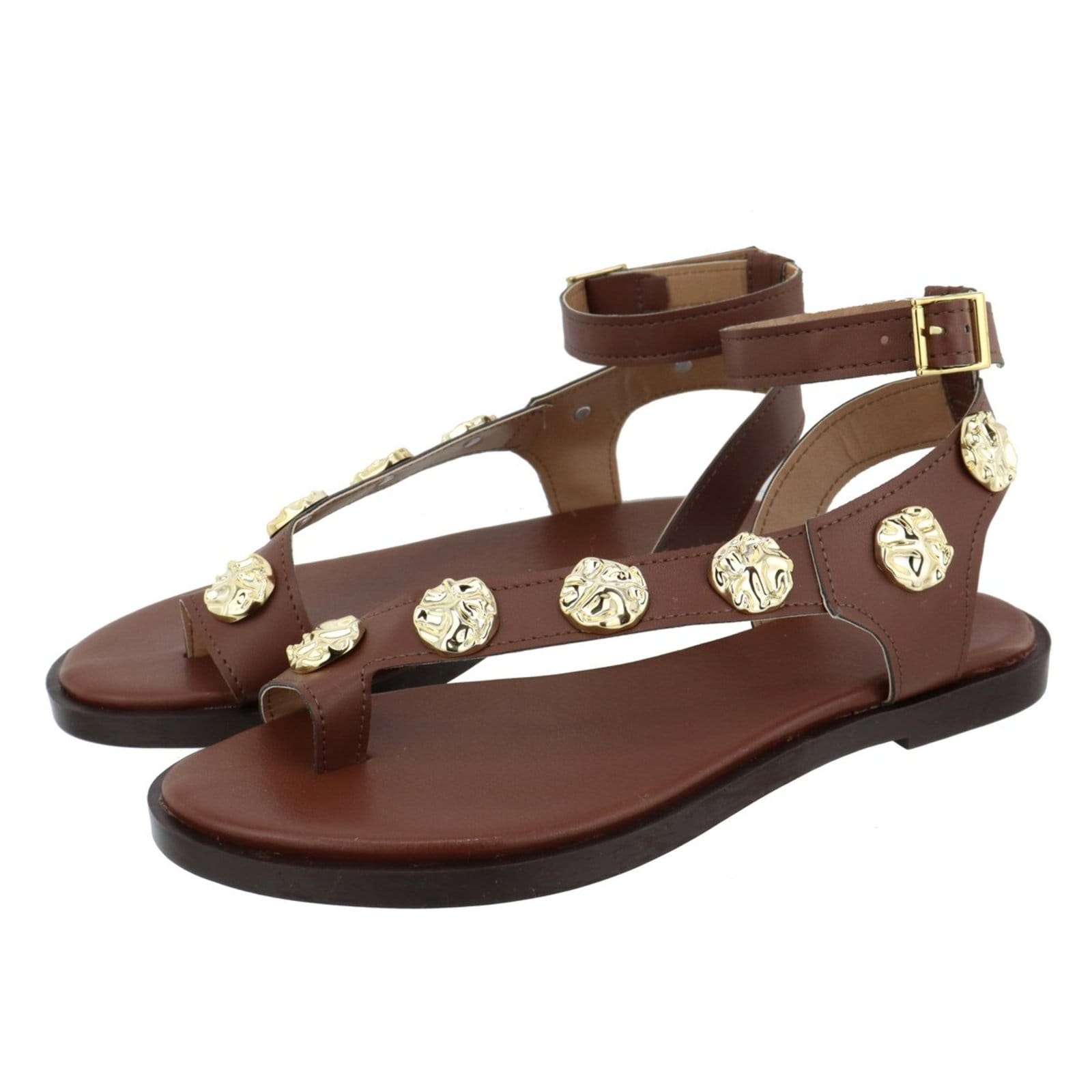 Vista 2 Rasteira Sandália Feminina Metais Delicada Lançamento Marrom TELLINI STORE dourado