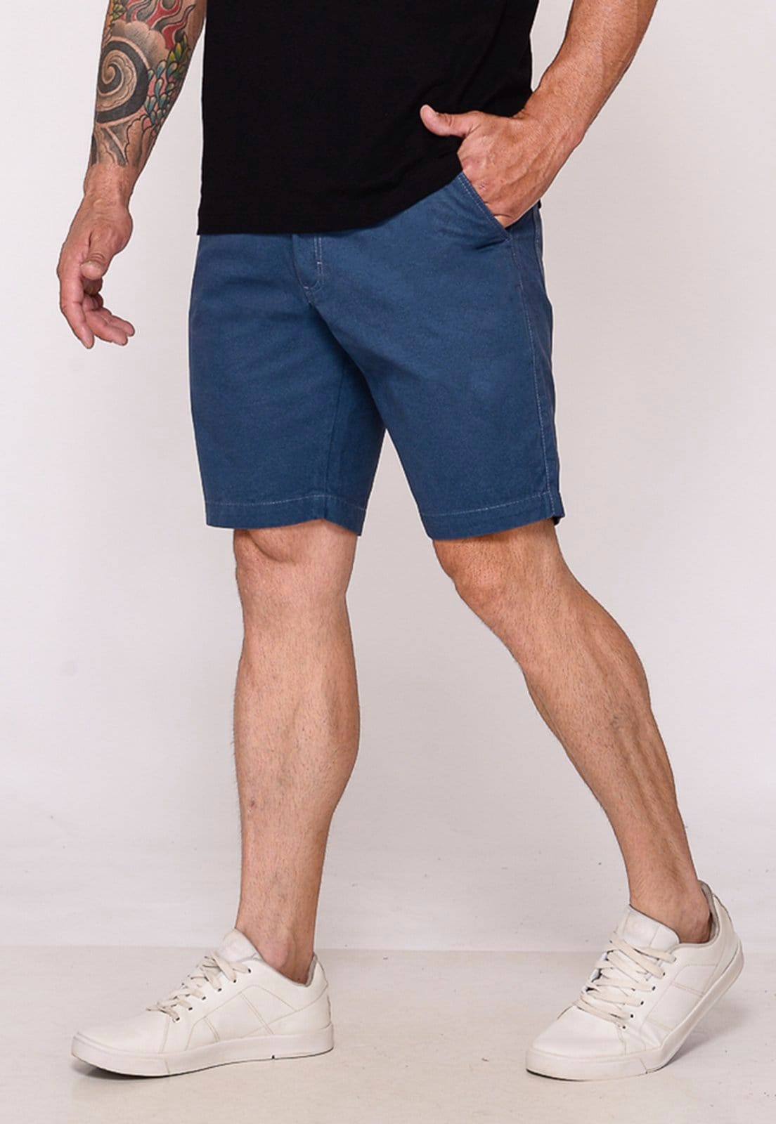 Bermuda Masculina Sarja Chino Casual Confortável Algodão Bolso-Faca Petroleo