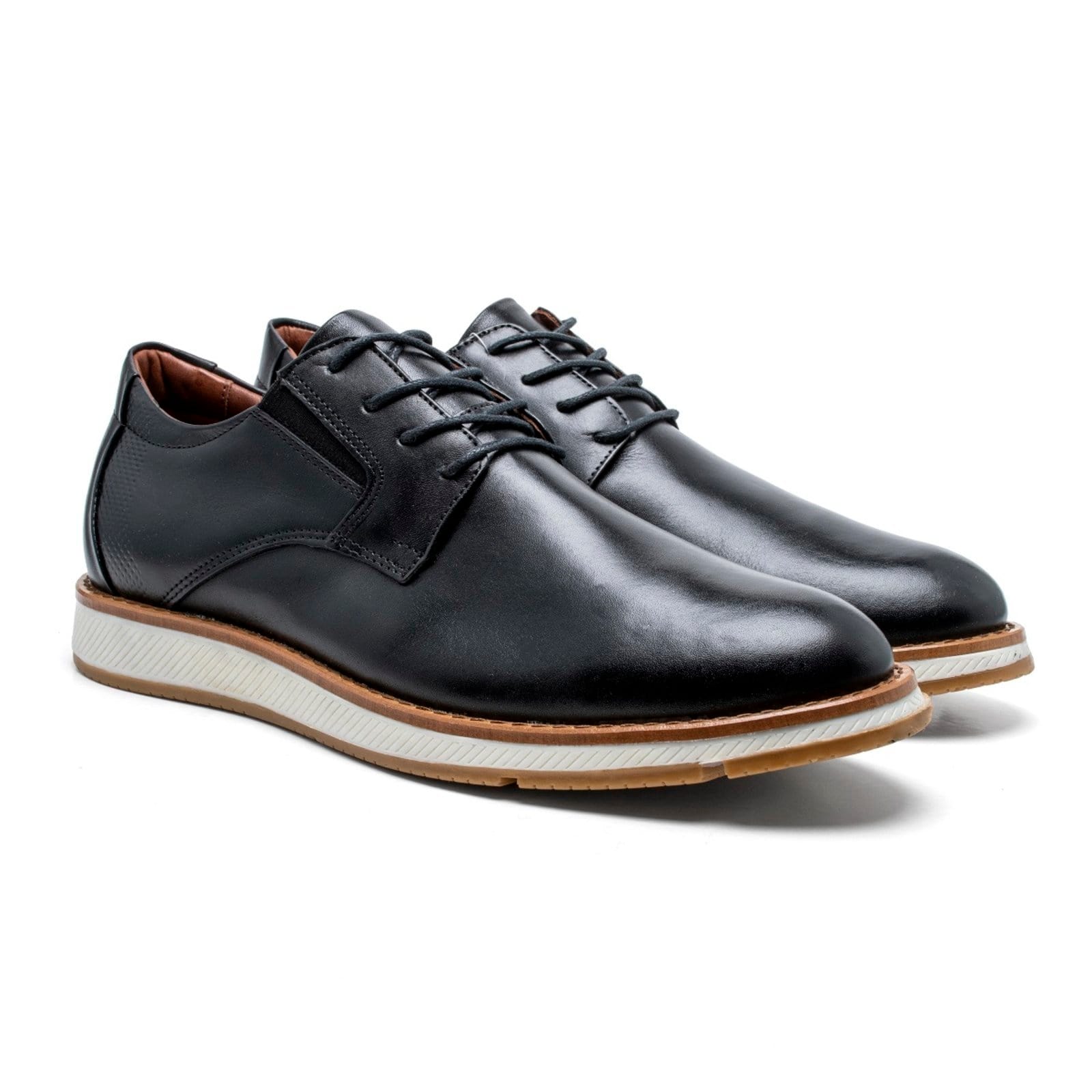 Sapato Casual Oxford Couro Masculino Forro Couro Ajuste Elástico Solado Costurado Borracha