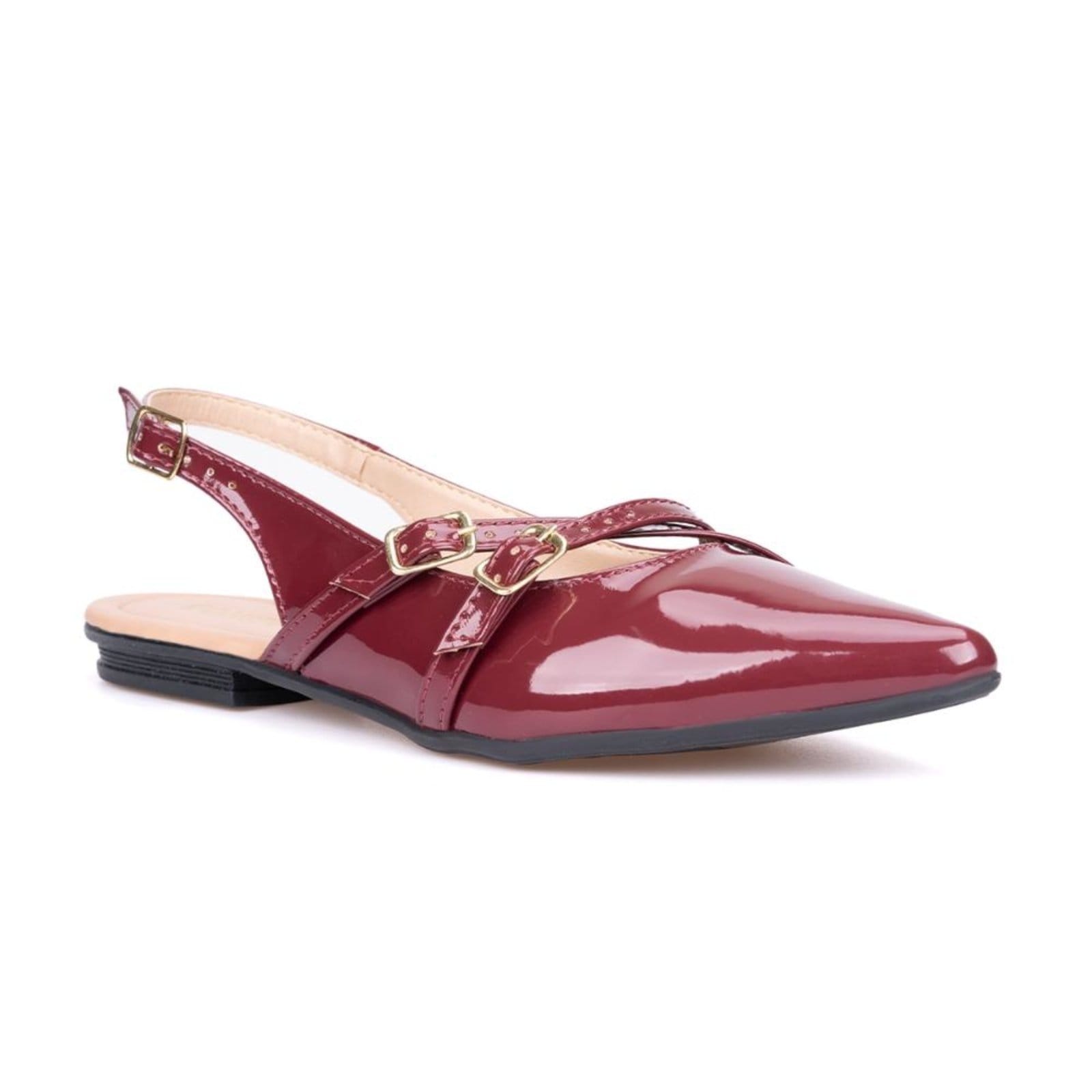 Vista principal Sapatilha Feminina Slingback Em Verniz Bico Fino Com Fivelas Domidona vinho