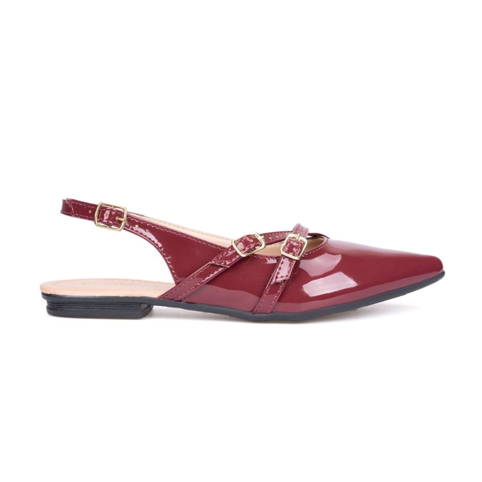 Vista 2 Sapatilha Feminina Slingback Em Verniz Bico Fino Com Fivelas Domidona vinho