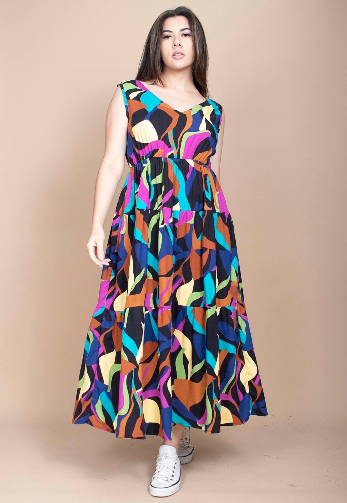 Vista 2 Vestido Cabanafree Regata Longo Peri Viscose Camadas Estampa Aurora Urbana Cabanafree azul/estampado/preto/rosa/verde