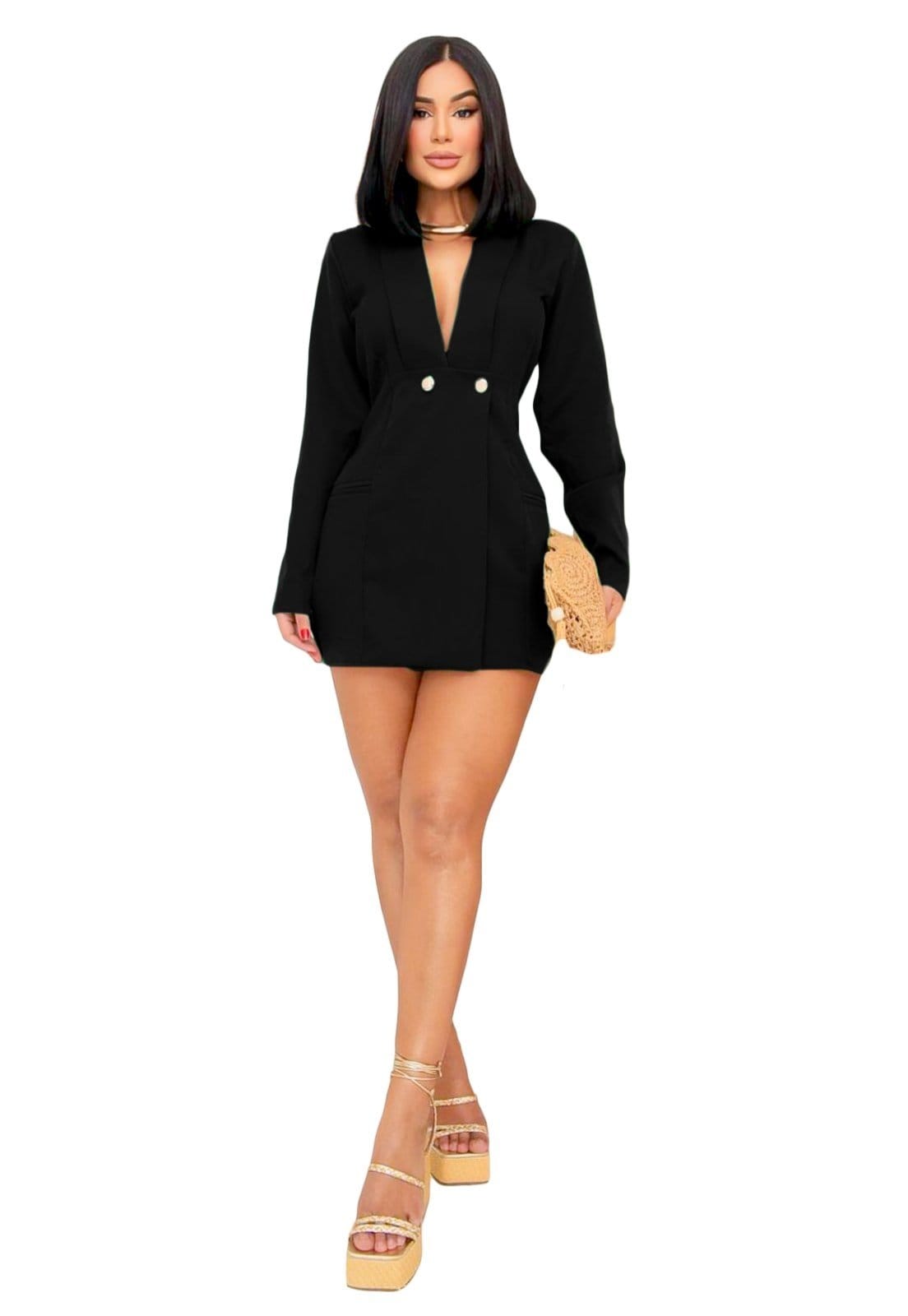 Macaquinho Alfaitaria YWC ind Manga Longa Com Shorts Decotado Detalhe Botão