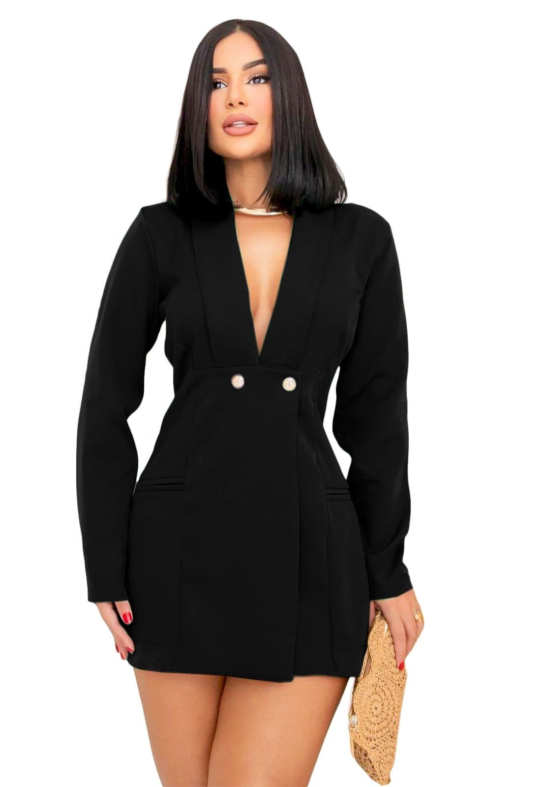 Vista 2 Macaquinho Alfaitaria YWC ind Manga Longa Com Shorts Decotado Detalhe Botão YWC ind preto