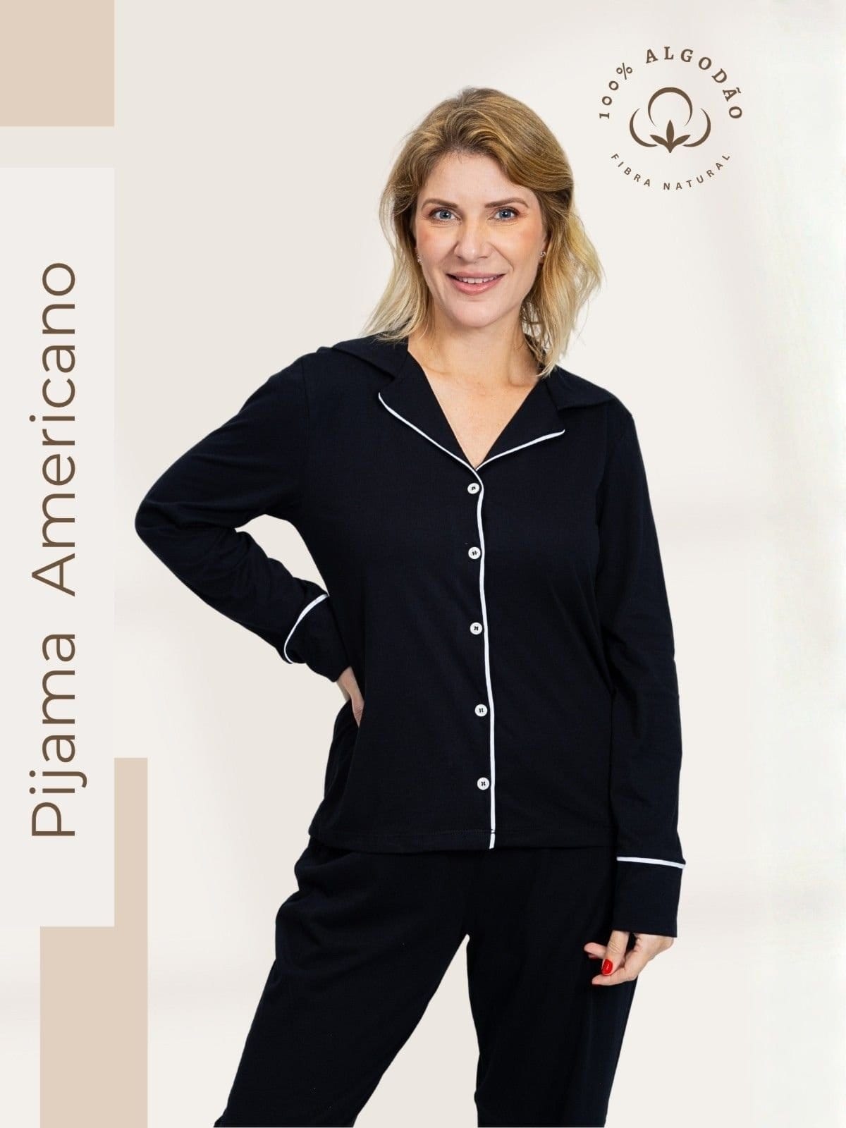 Vista 2 Pijama Algodão Americano Longo Feminino Fernanda Piante preto