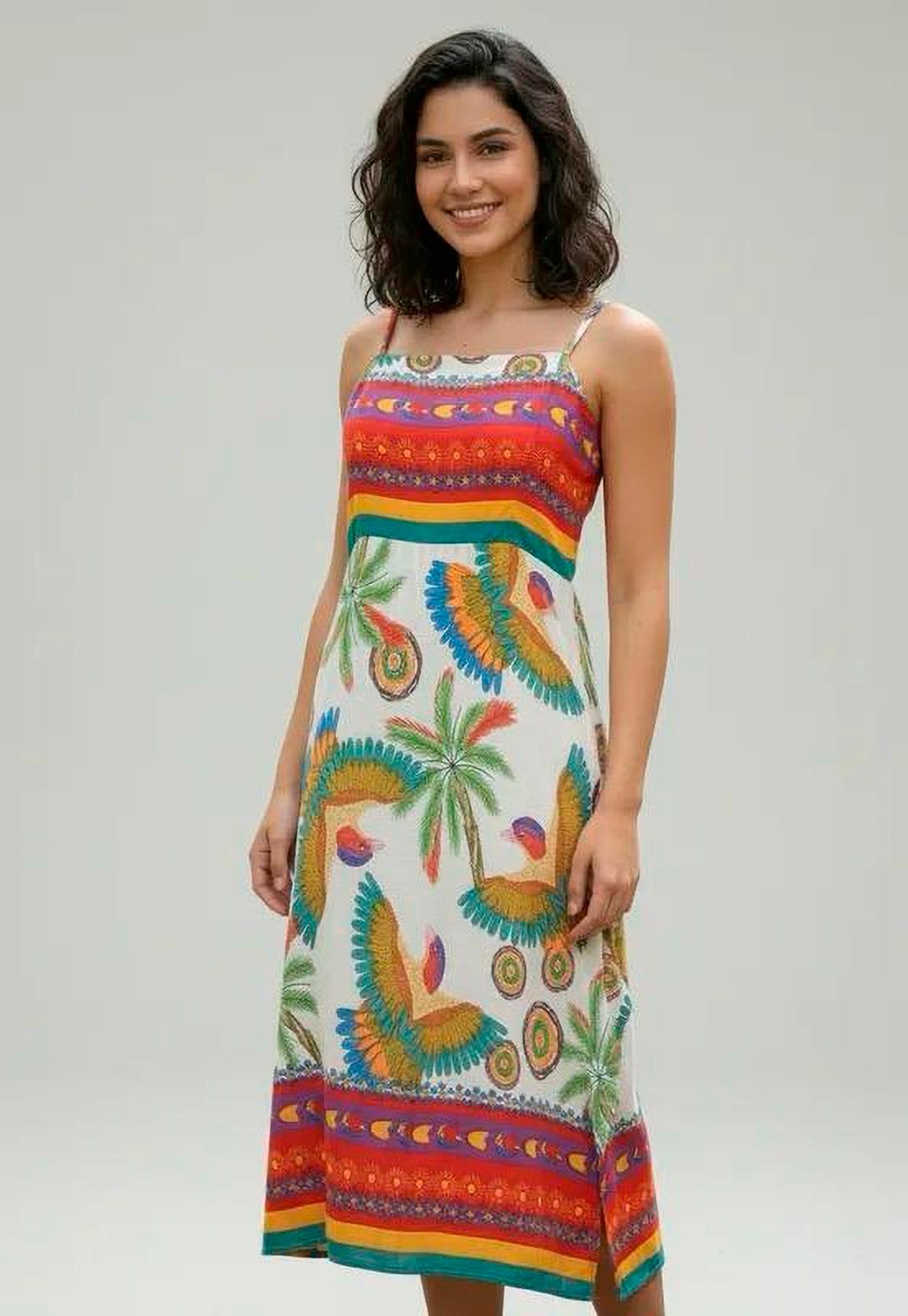 Vista principal Vestido Amazonia Vital Midi Alça Fina Estampa Paraíso Livre Amazonia Vital estampado