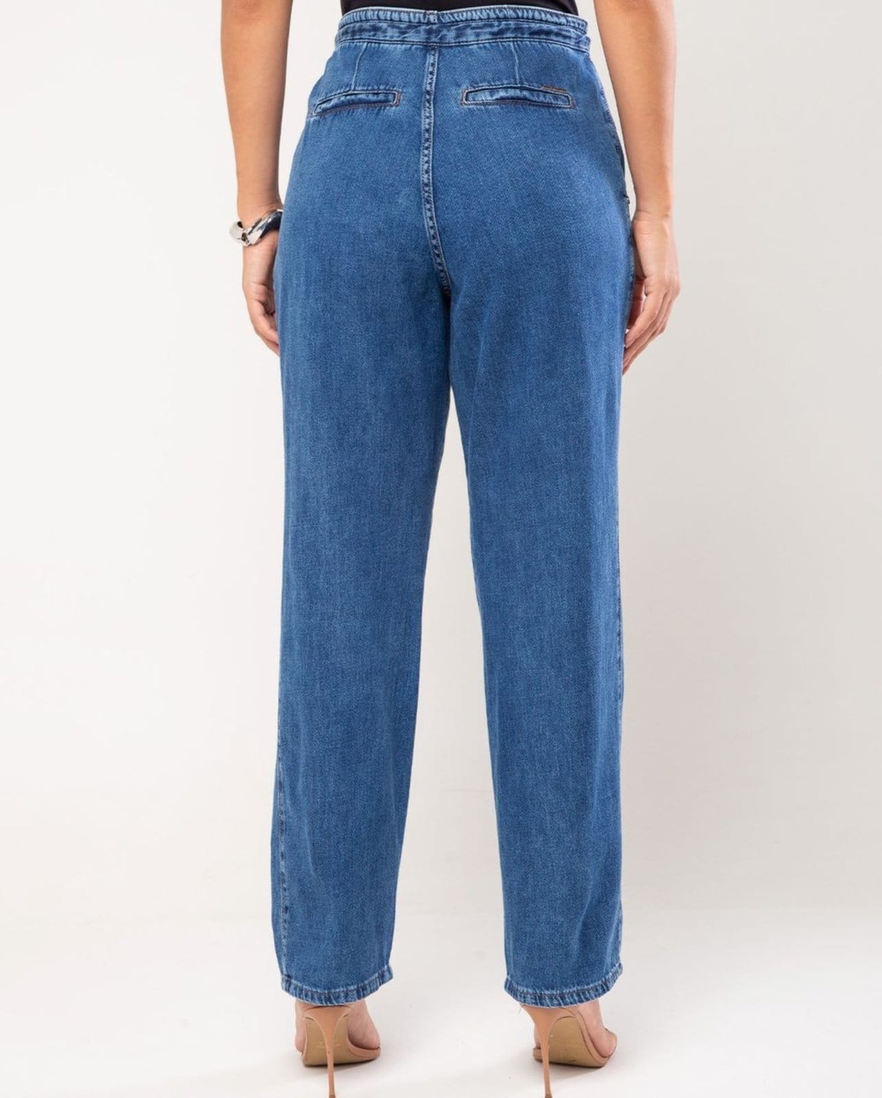 Vista 2 Calça Reta Feminina Cintura Alta com Cordão 24248 Médio/escuro Consciência jeans
