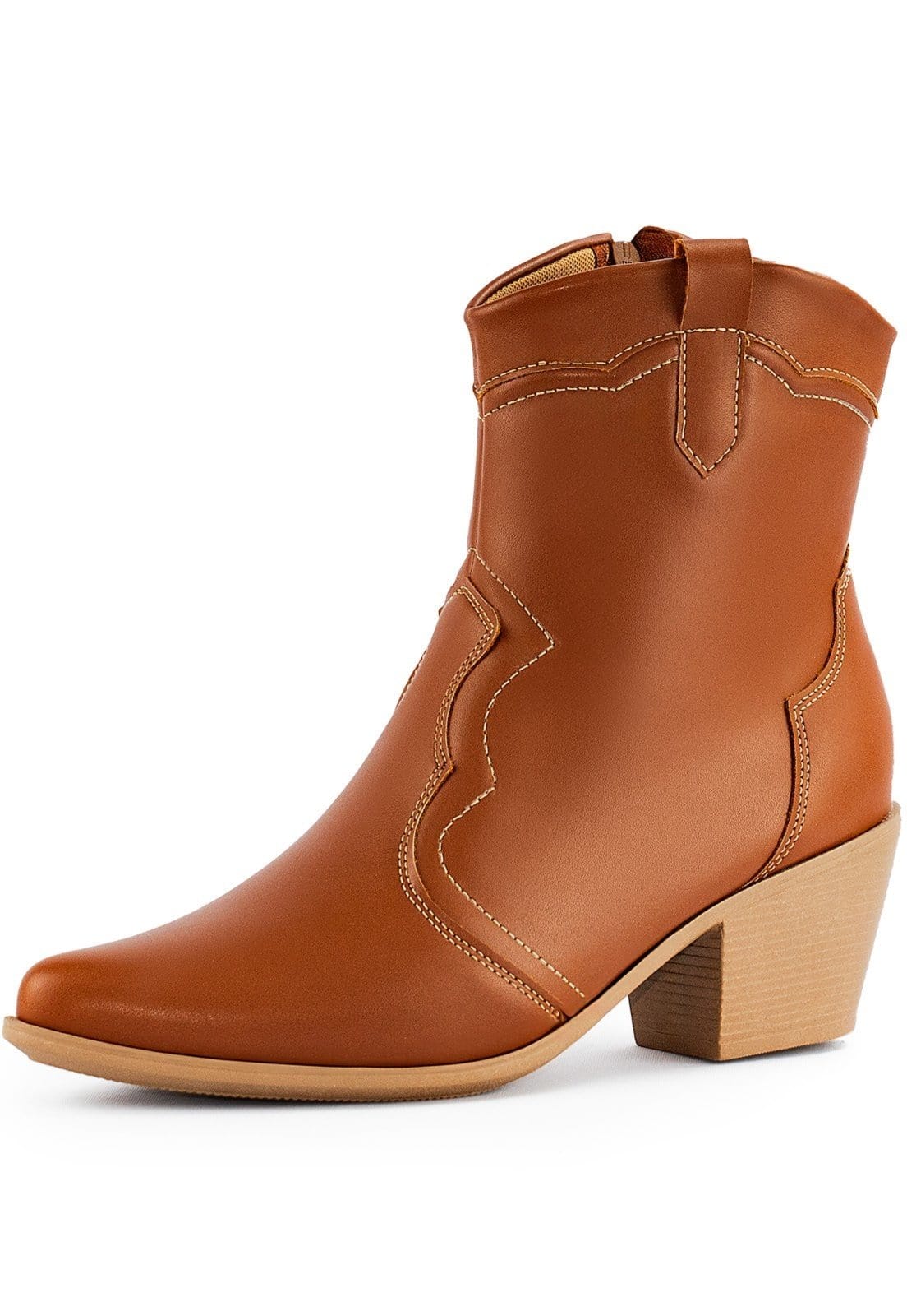 Vista principal Bota Feminina Western Lumiss Texana Confortável Country Cano Curto Salto Grosso Rodeio Bico Fino LUMISS caramelo