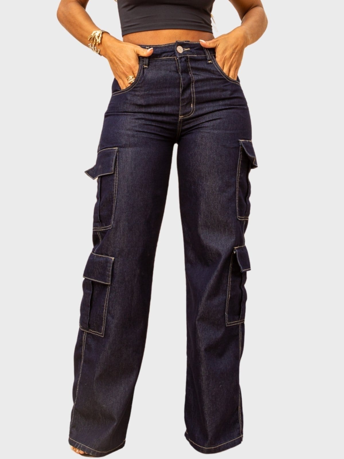 Vista principal Calça Feminina Jeans Escuro Cargo Cintura Alta Wide Leg Razon Jeans azul