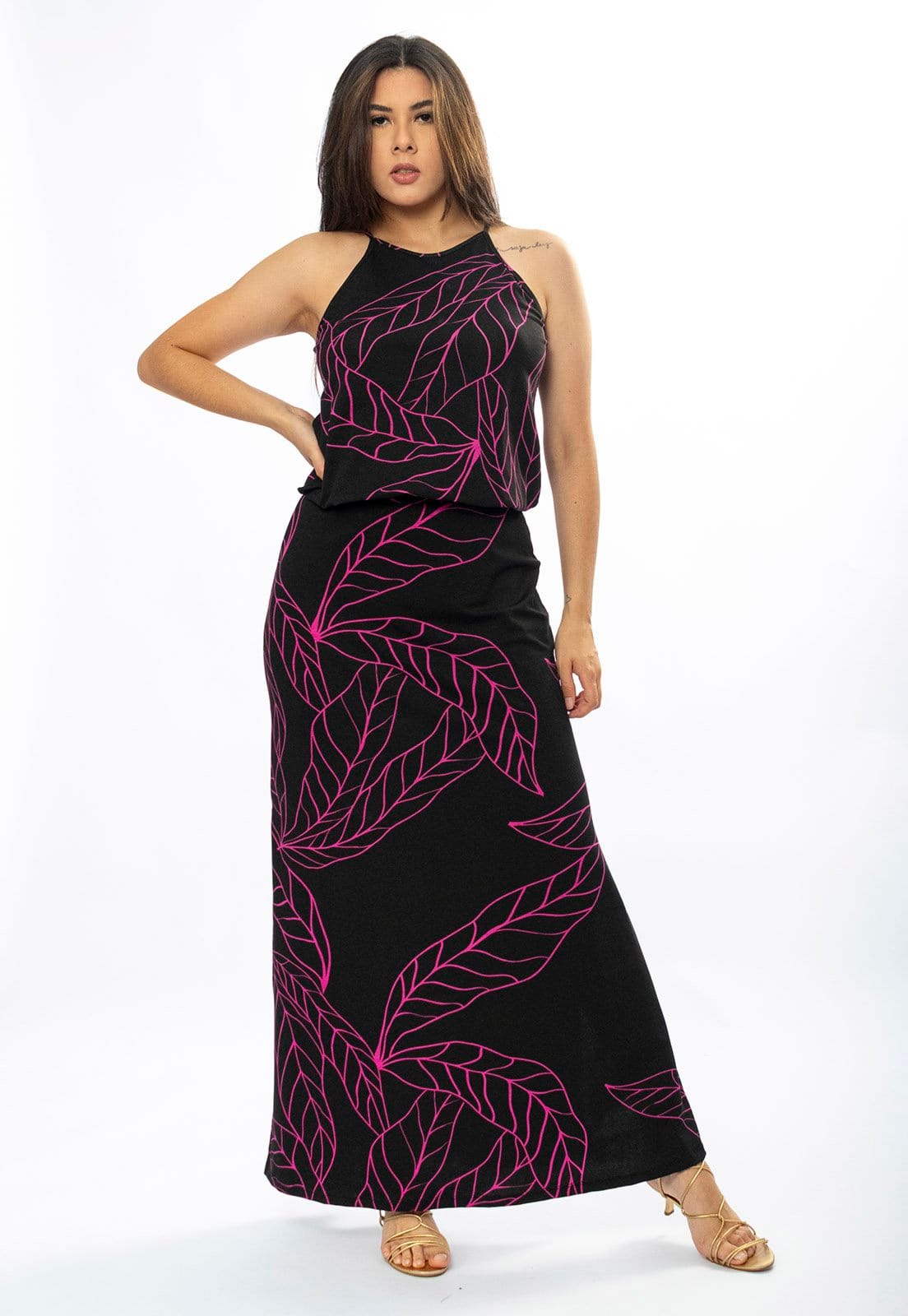 Vestido Longo Cabanafree Malha Trapézio com Elástico na Cintura Antúrios