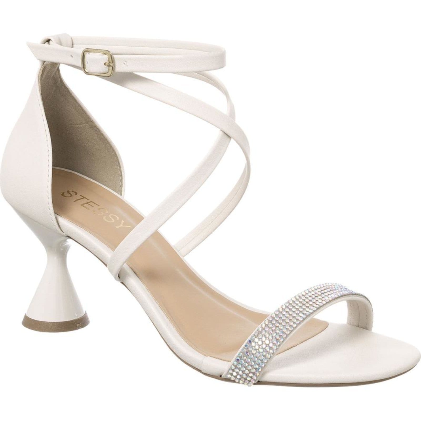 Vista principal Sandália Saltinho Taça Rolha Brilho Strass Festa Promoção Off White Stessy Shoes off-white white