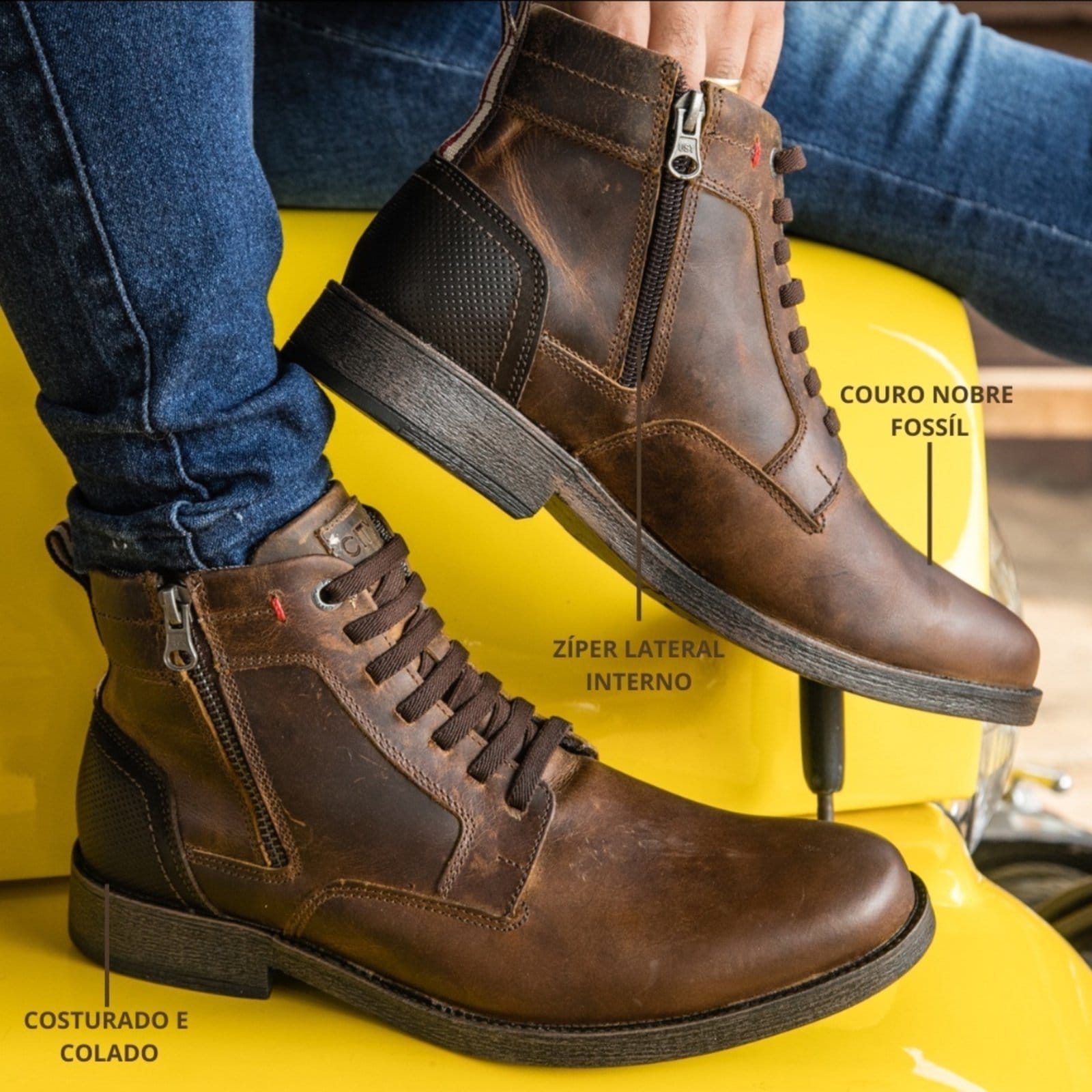 Vista 2 Coturno Masculino Bota Em Couro Com Ziper Macio Ultra Leve Mostarda super shoes marrom