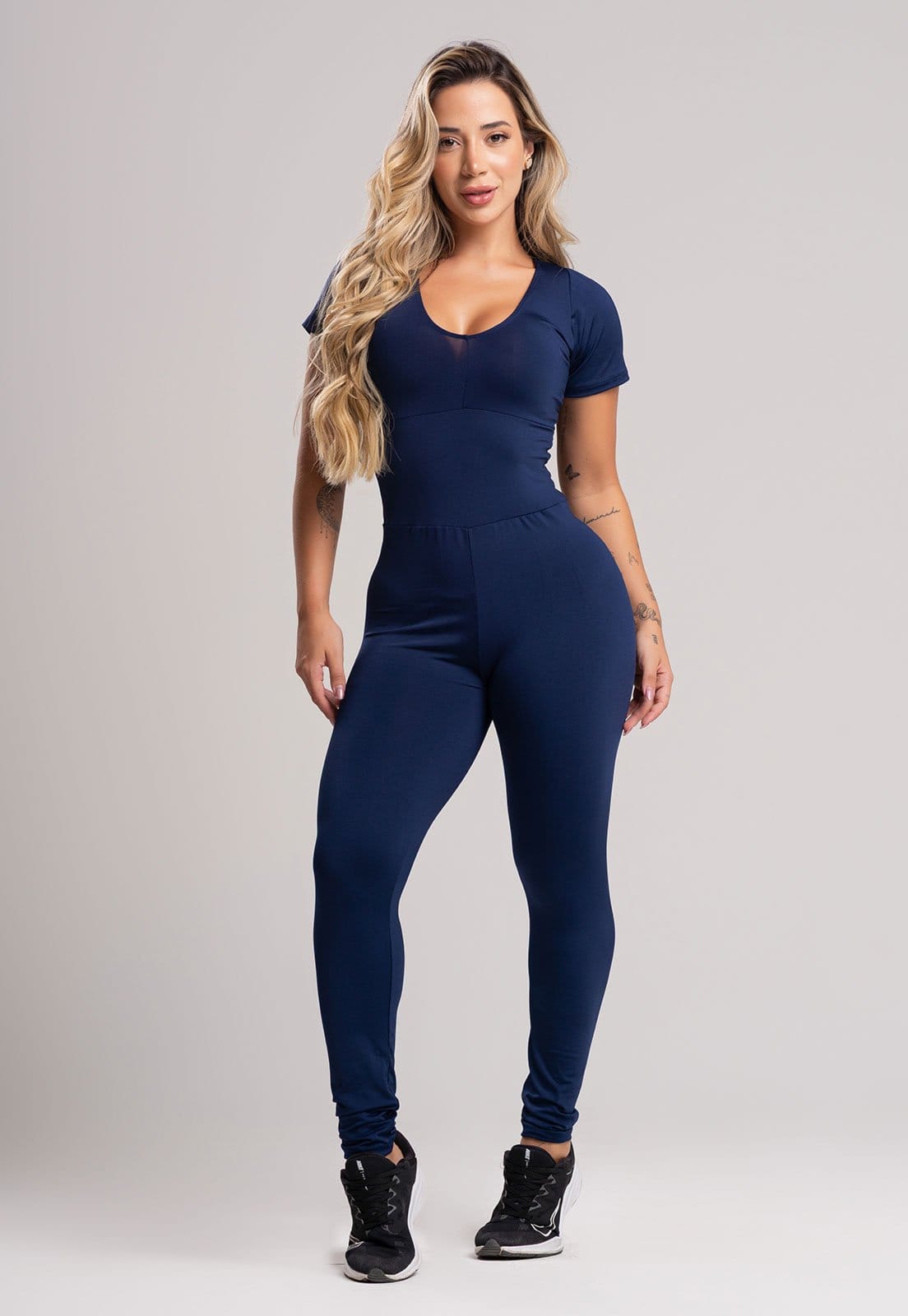 Macacão MVB Modas Longo Feminino Manga Curta Fitness Suplex Marinho