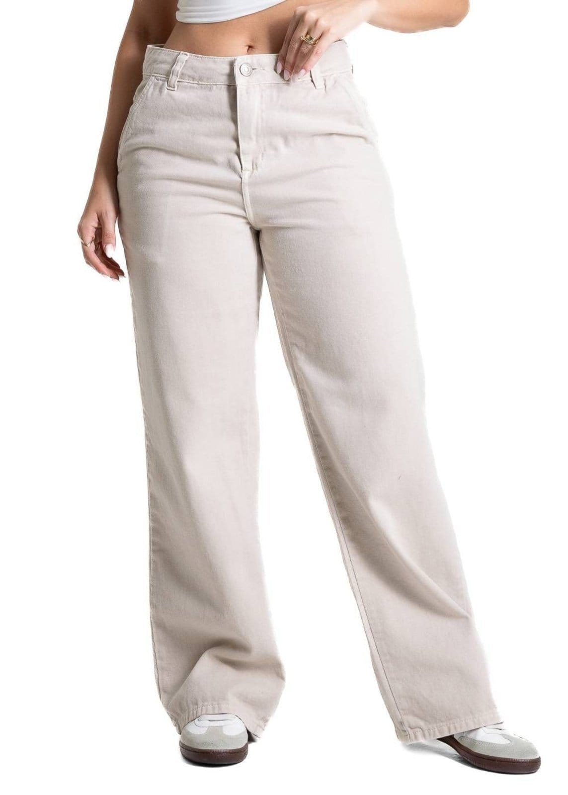 Vista principal Calça Sarja Sawary Wide Leg Petit - 281366 Sawary bege