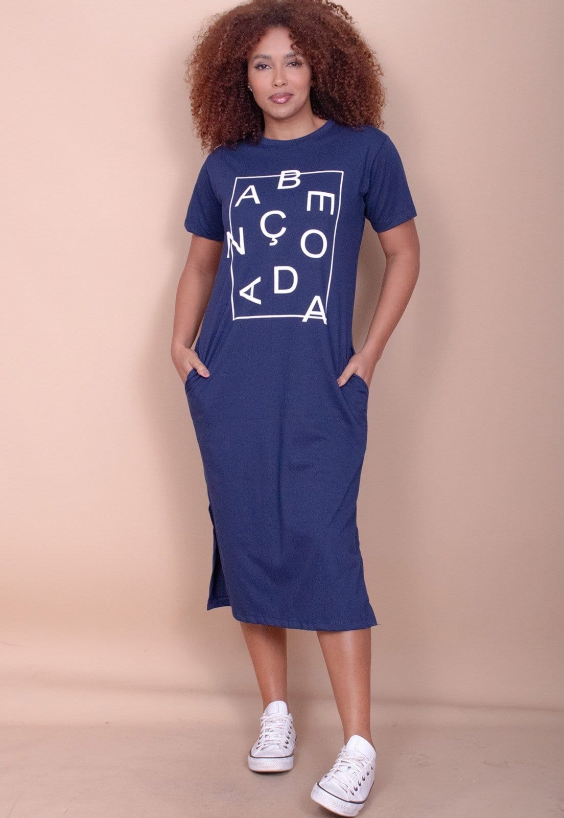 Vista 2 Vestido Cabanafree Midi Algodão Manga Curta Moda Evangélica Marinho Cabanafree azul/estampado azul