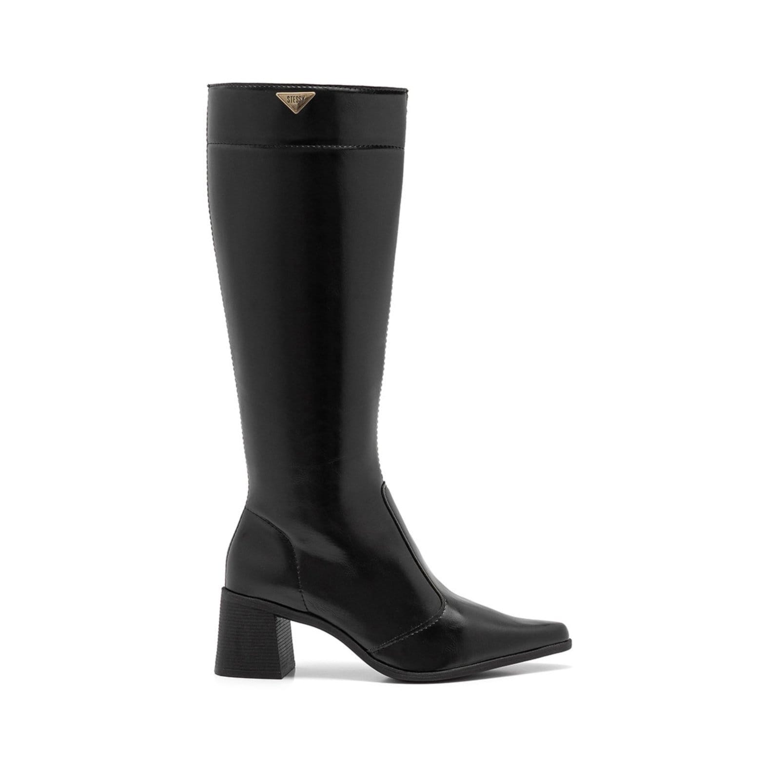 Bota Feminina Montaria Stessy Cano Alto Bico Fino Salto Confortável Lisa Elegante Moda Inverno Preta