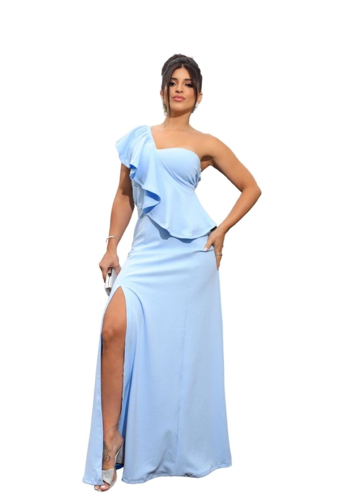 Vista principal Vestido Longo de Festa Madrinhas Babados Crepe Anastácia Serenity Cia do Vestido azul