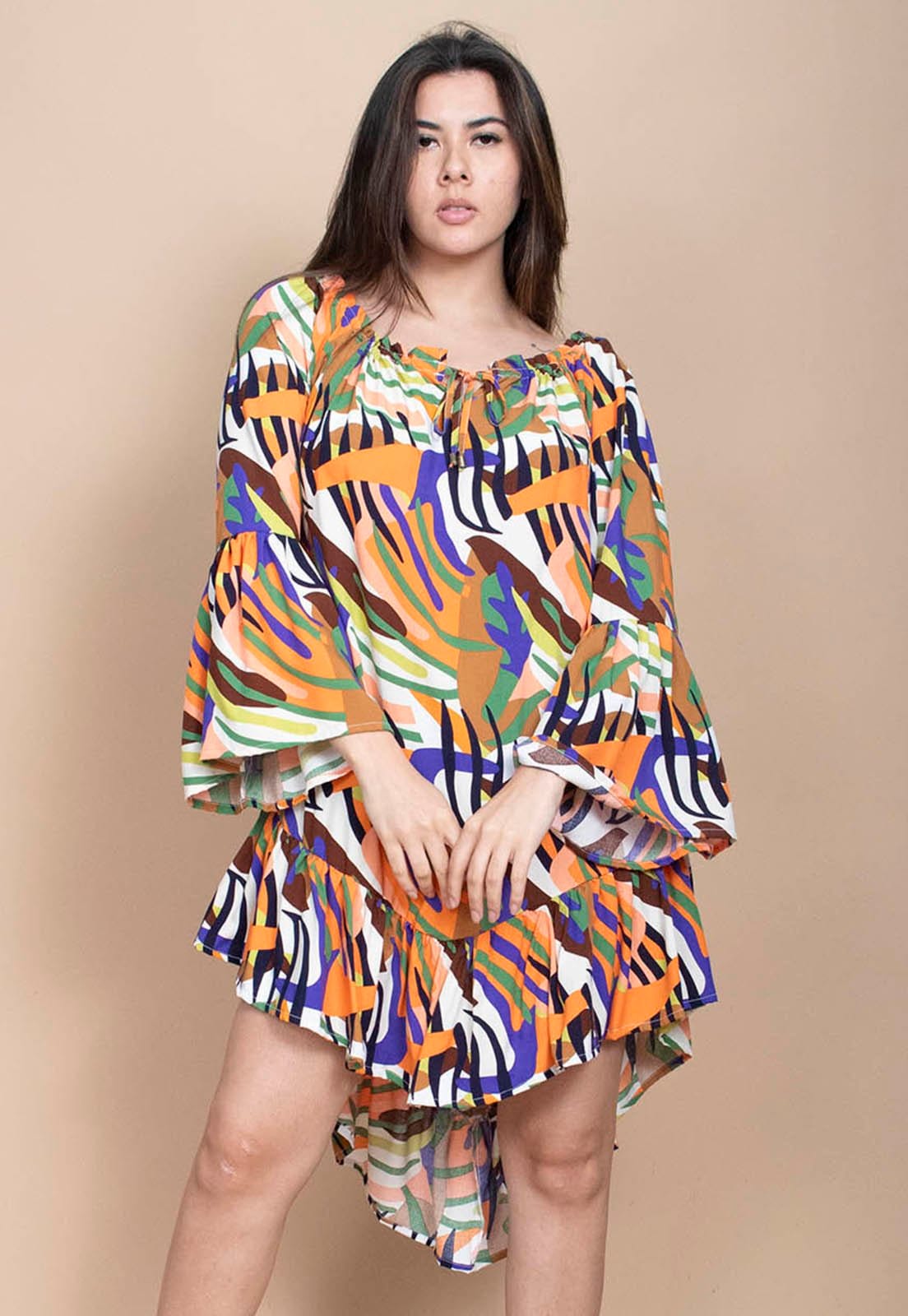 Vista principal Vestido Curto Cabanafree Viscose Com Babados Estampa Cores Vibrantes Cabanafree azul/estampado/laranja/verde