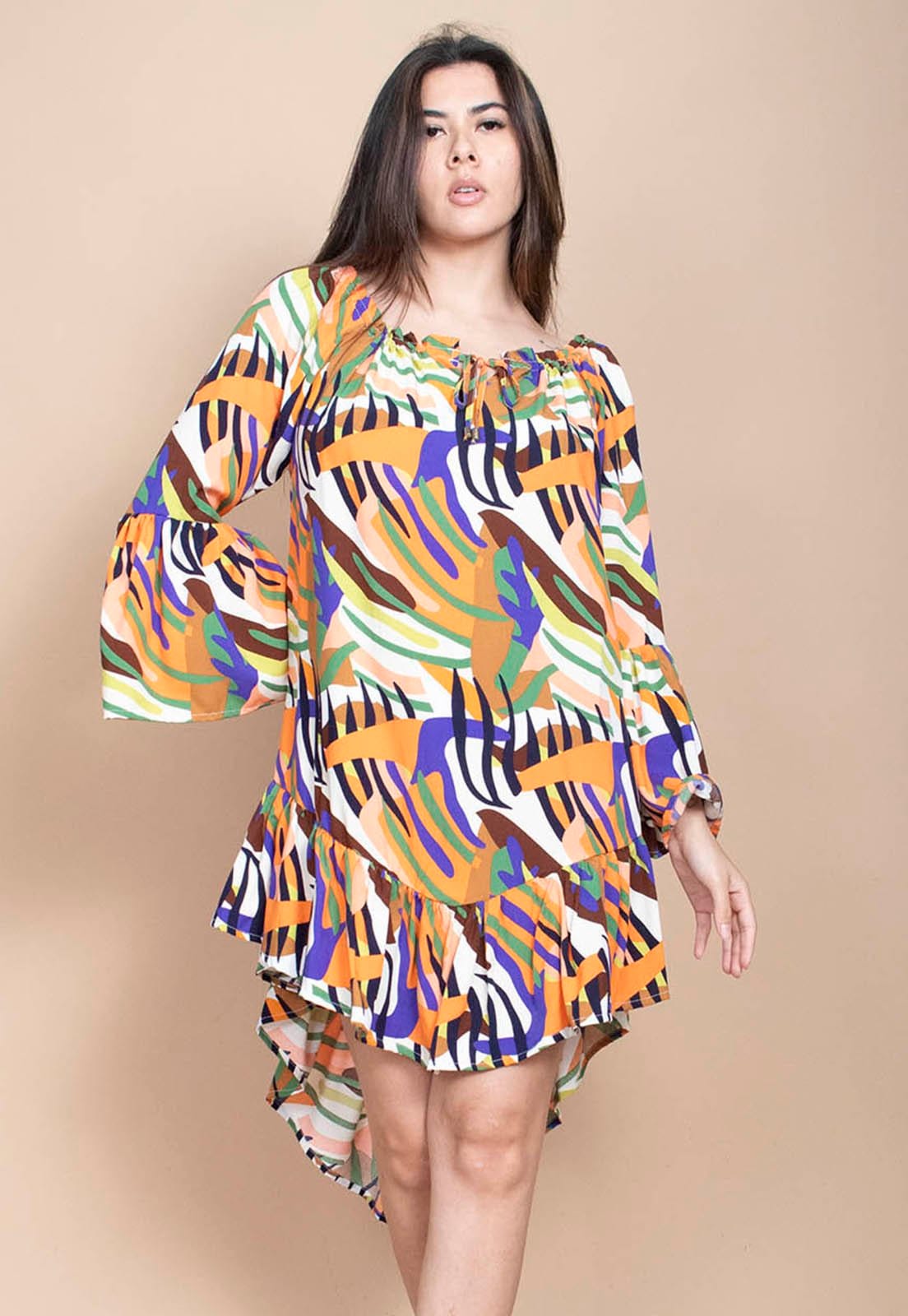 Vista 2 Vestido Curto Cabanafree Viscose Com Babados Estampa Cores Vibrantes Cabanafree azul/estampado/laranja/verde