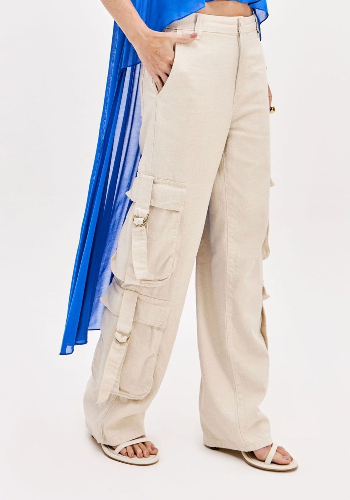 Vista 2 Calça Sarja Full Length Com Linho Lança Perfume branco