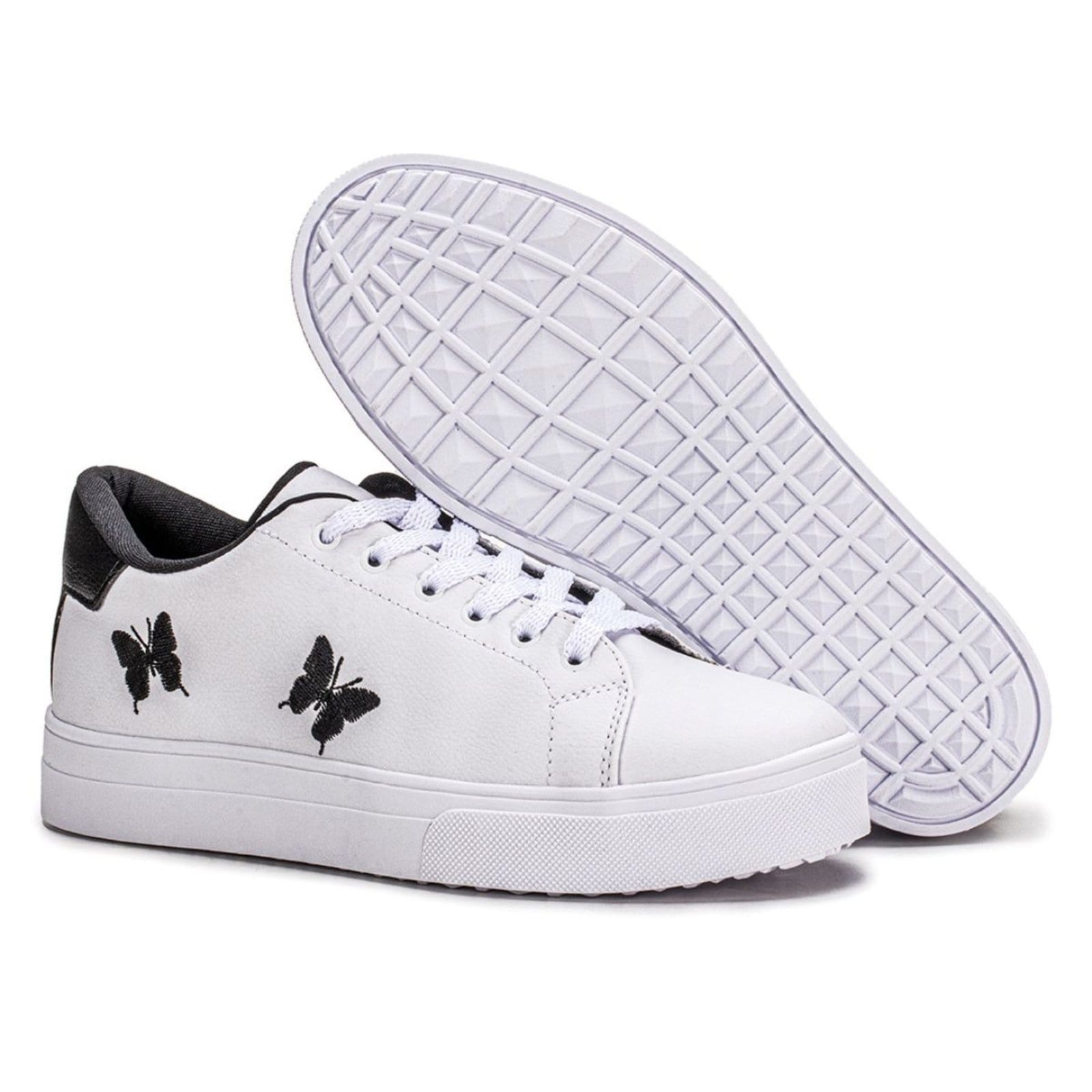 Vista 2 Tenis Feminino Casual Branco Borboleta Confortável Estilo Shoes preto