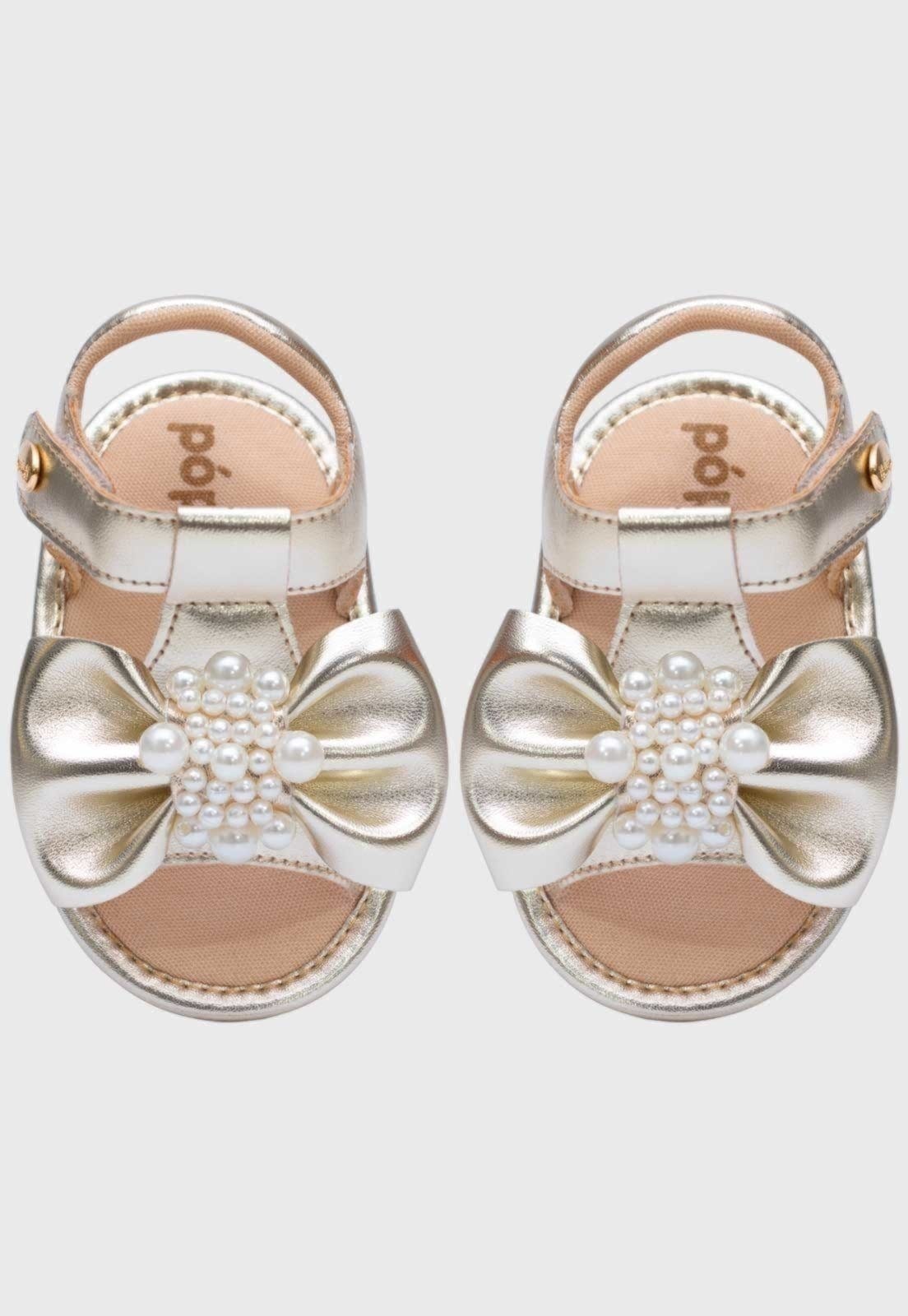 Vista 2 Infantil - Sandalia Popidi Menina Recem-Nascido Laço Perola Pópidí dourado