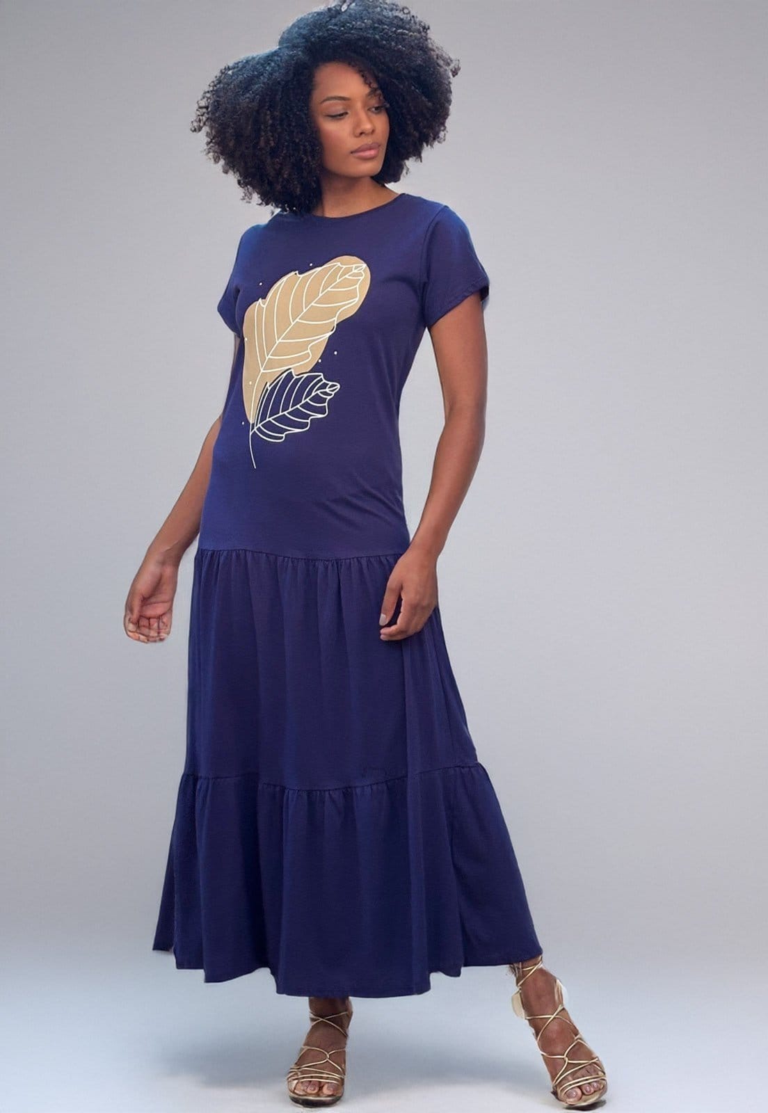 Vista principal Vestido Caabanafree Longo Com Manga Curta Folha Cabanafree bordô/estampado