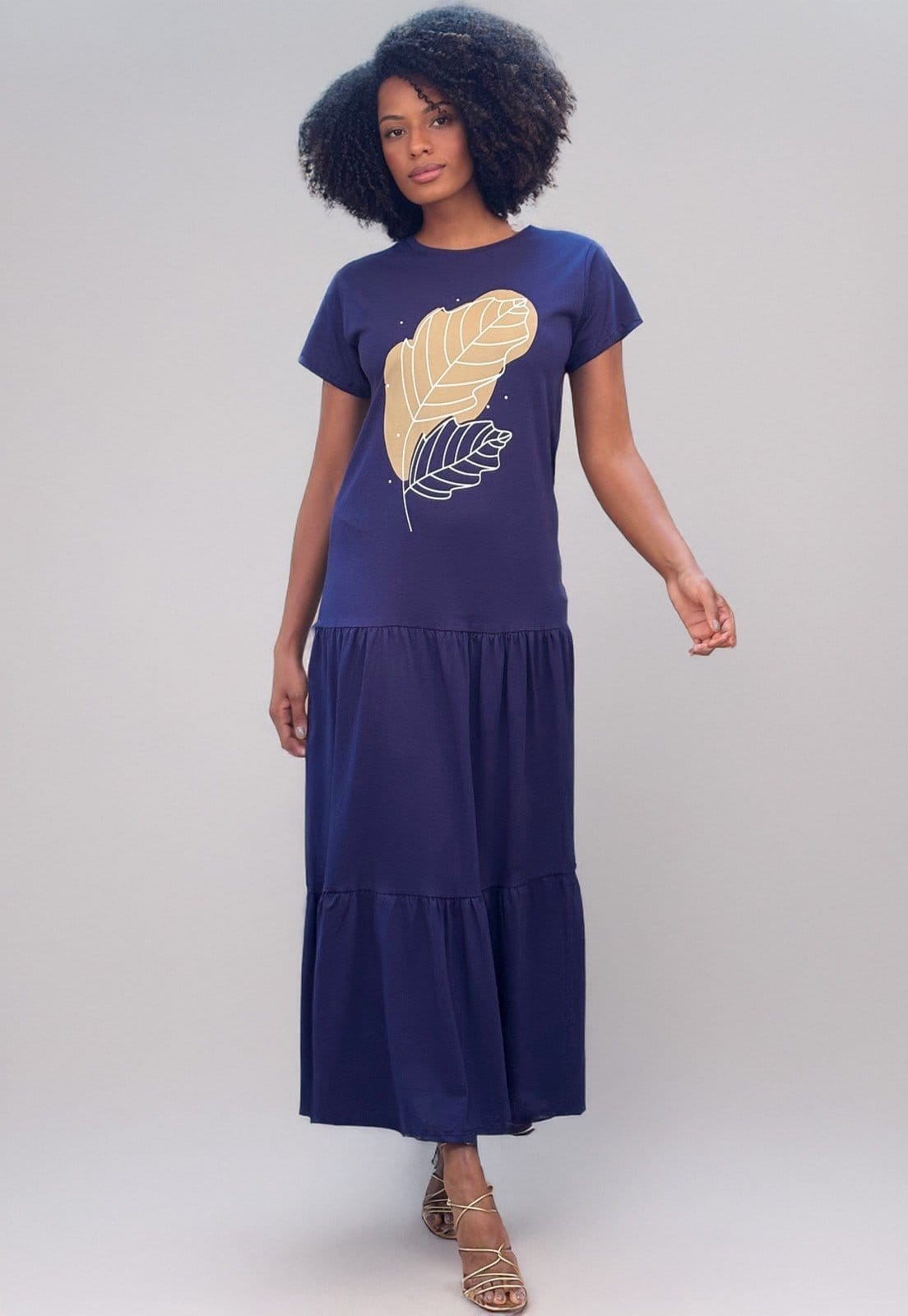 Vista 2 Vestido Caabanafree Longo Com Manga Curta Folha Cabanafree bordô/estampado