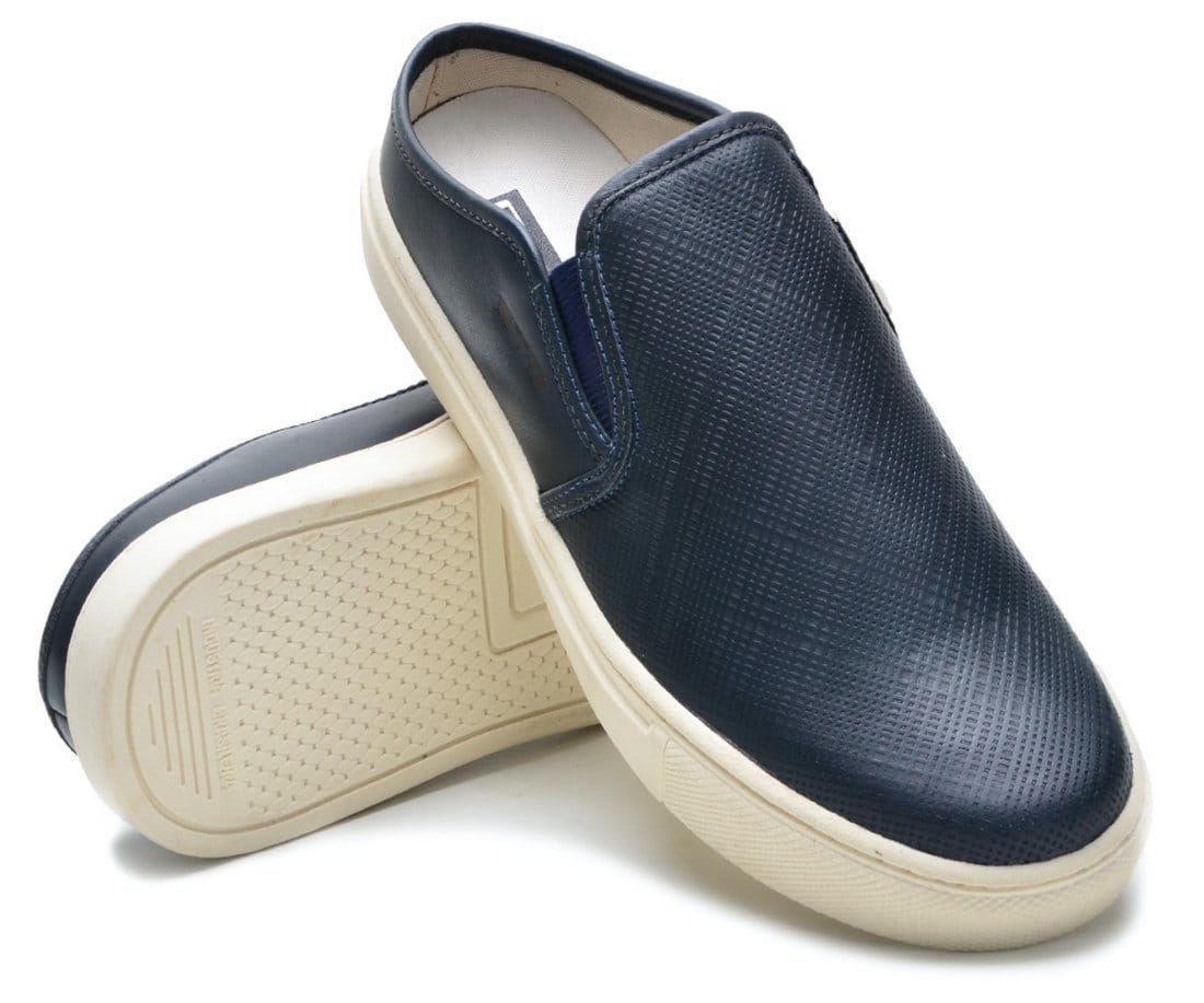 Tênis Mule Couro Casual Slip On Babuche Masculino Solado Flat Confortável Prático Versátil Marinho