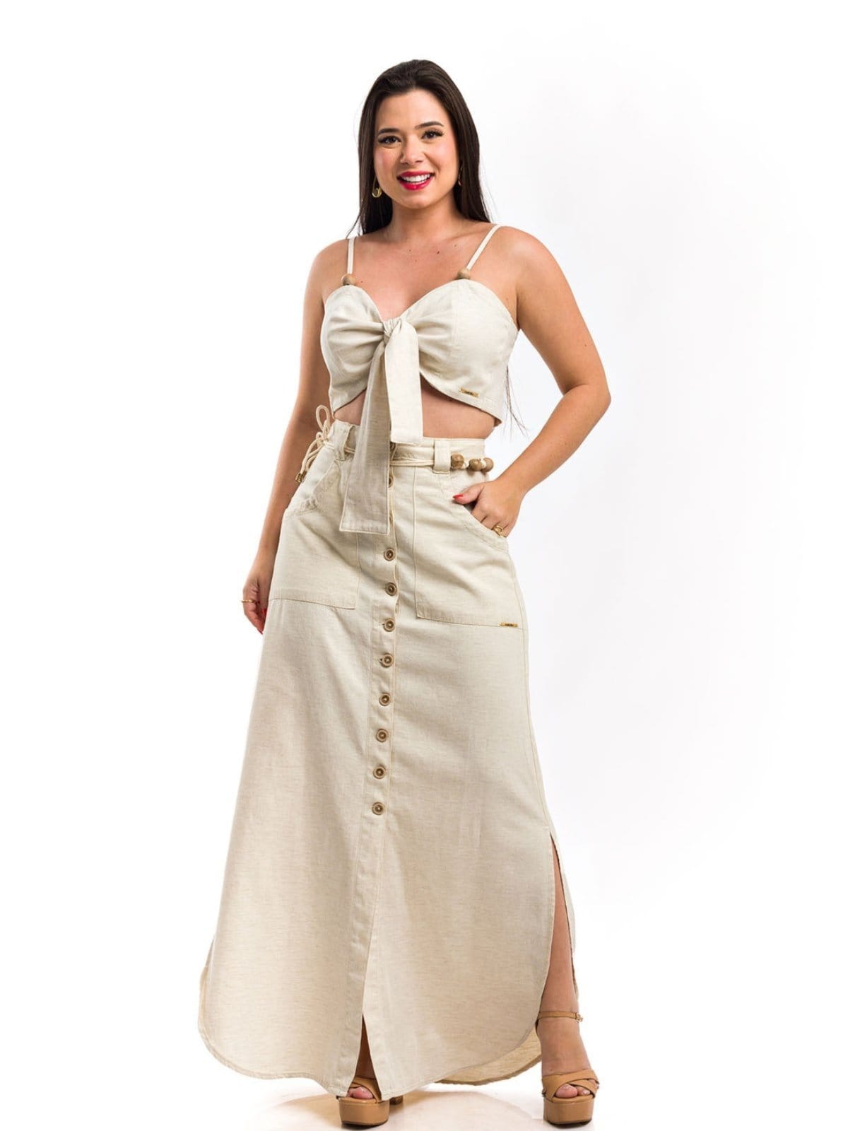 Vista 2 Conjunto Restrito Jeans Saia Longa E Cropped De Linho Restrito Jeans bege