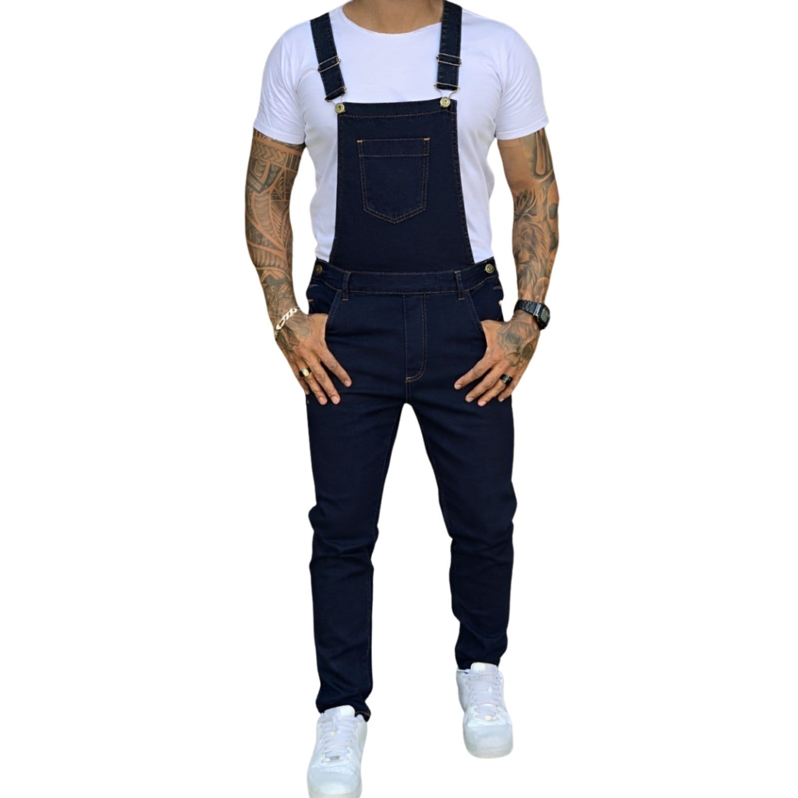 Vista principal Macacão Jardineira Masculino Skinny Jeans Escuro JEANS LIGHT azul marinho