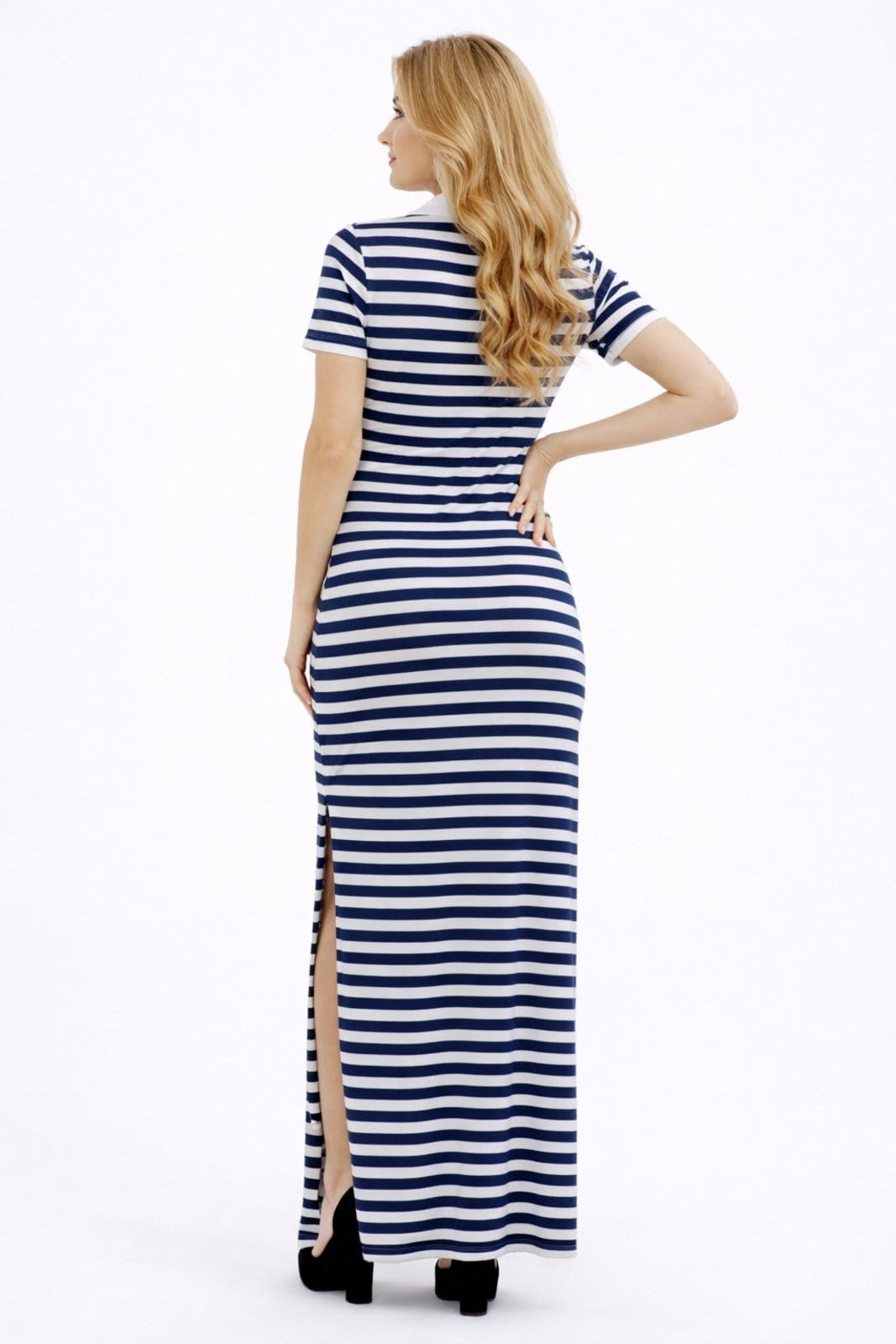 Vista 2 Vestido Midi D Bell Outlet Fashion Gola Polo Listrado Escuro D BELL OUTLET FASHION azul