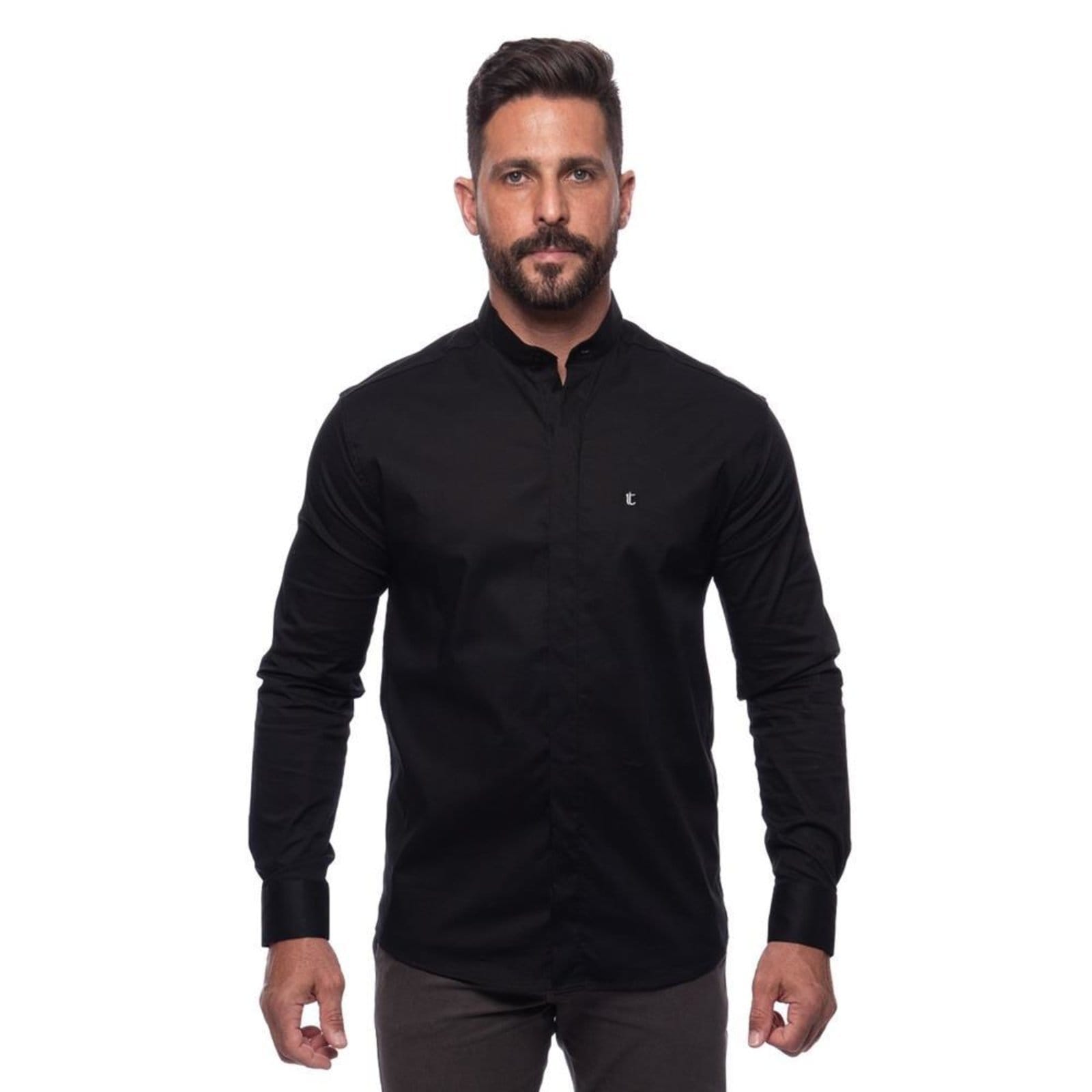 Vista principal Camisa Masculina Acetinada Gola Padre Manga Longa Elastano Azul Claro G Preto TEODORO CAMISARIA preto azul