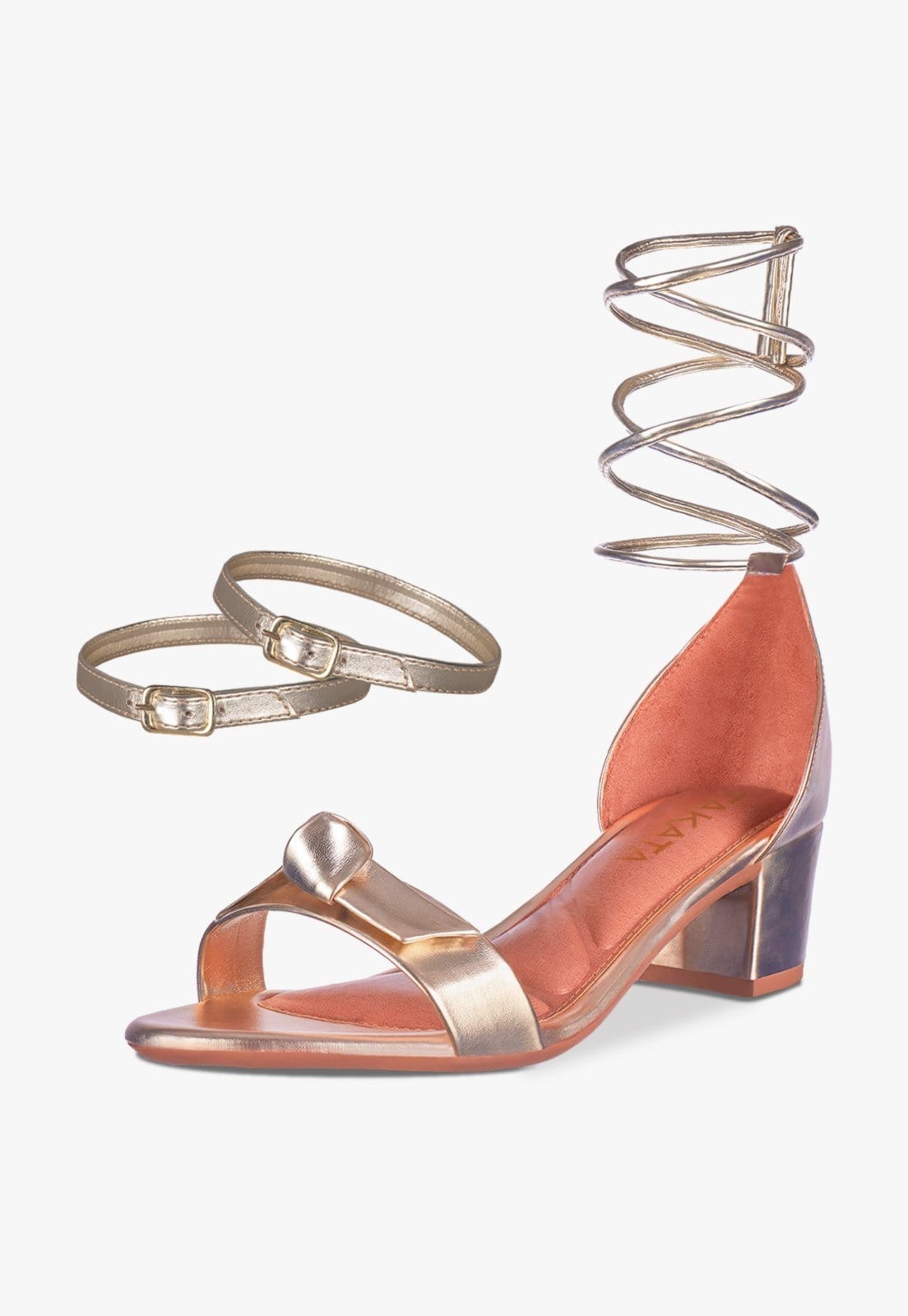 Vista principal Sandália Feminina Salto Quadrado Grosso Bloco Baixo tira Laço Nó Metalizado Confortável Sapato Festa elegante Ouroligth TAKATA BY RAFAEL TAKATA dourado