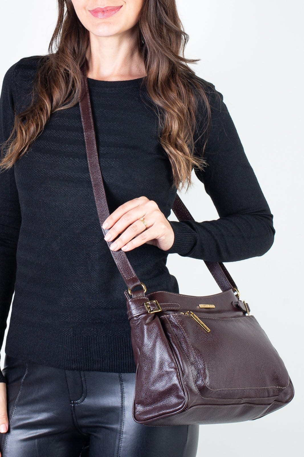 Vista 2 Bolsa tiracolo de couro liso Lorena - Café Andrea Vinci azul