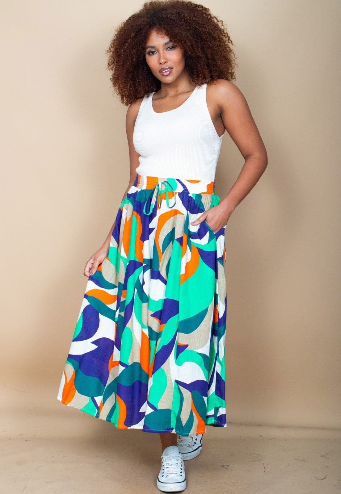 Vista 2 Saia Longa Cabanafree Viscose Estampa Brisa do Mar Cabanafree branco/estampado/verde