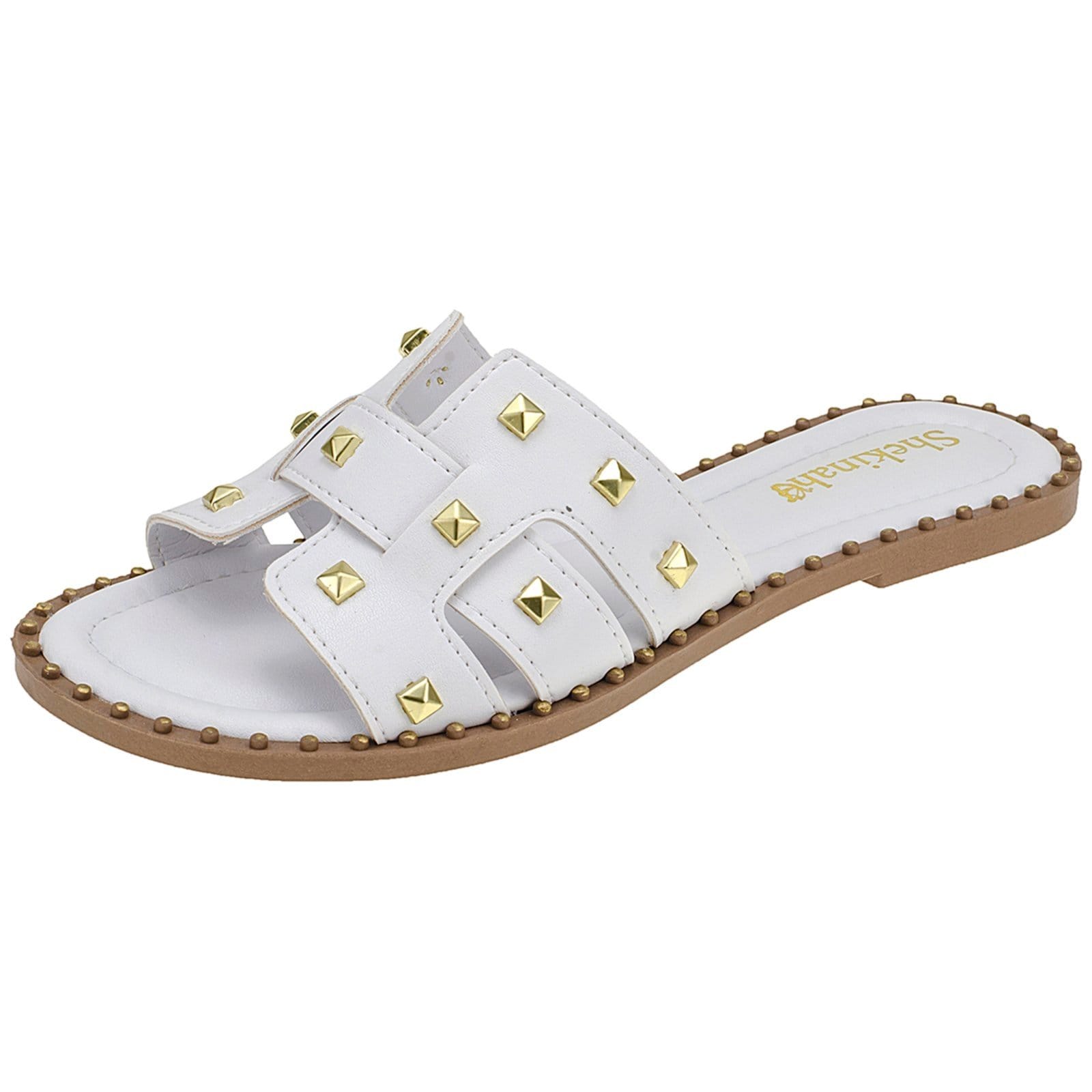 Vista principal Sandália Feminina Rasteira Rasteirinha Shekinah Sola Tachas Cravo Spike Moda Macia Brilho Shekinah branco