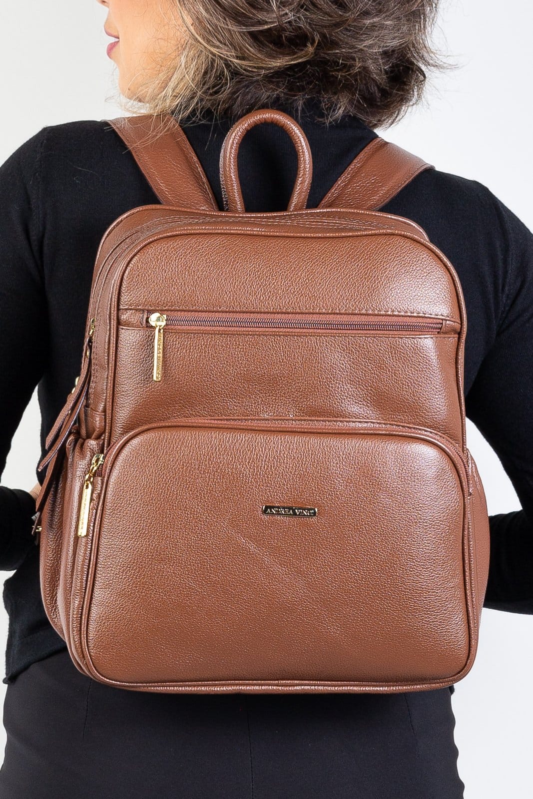 Mochila feminina de couro liso Zaya - Whisky