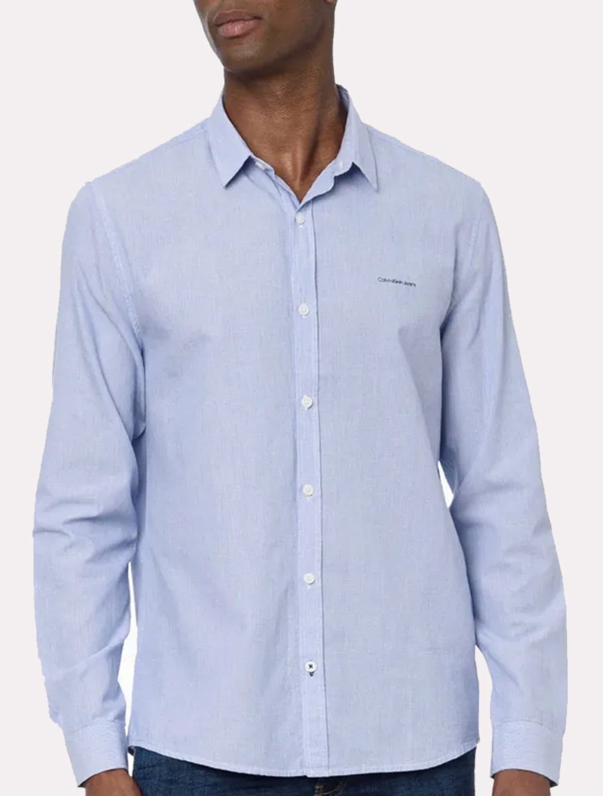 Vista principal Camisa Calvin Klein Jeans Masculina Slim Listrada Silk Logo édio Calvin Klein azul