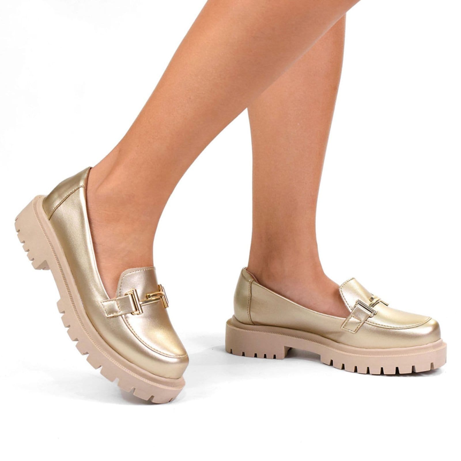Vista 2 Sapato Feminino Mocassim Tratorado Donatella Shoes Bico Redondo Confort Ouro Light Donatella Shoes dourado