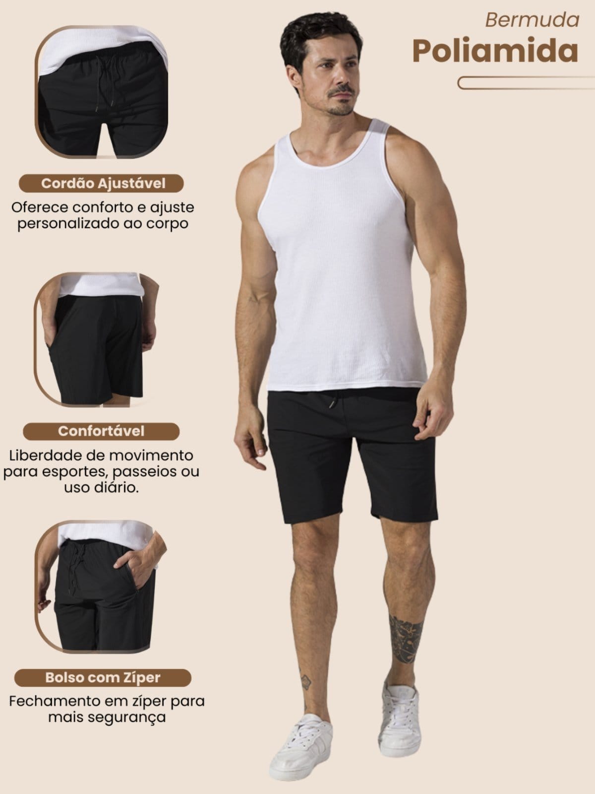 Vista 2 Bermuda Masculina Poliamida com Elastano Vicio Fatal preto