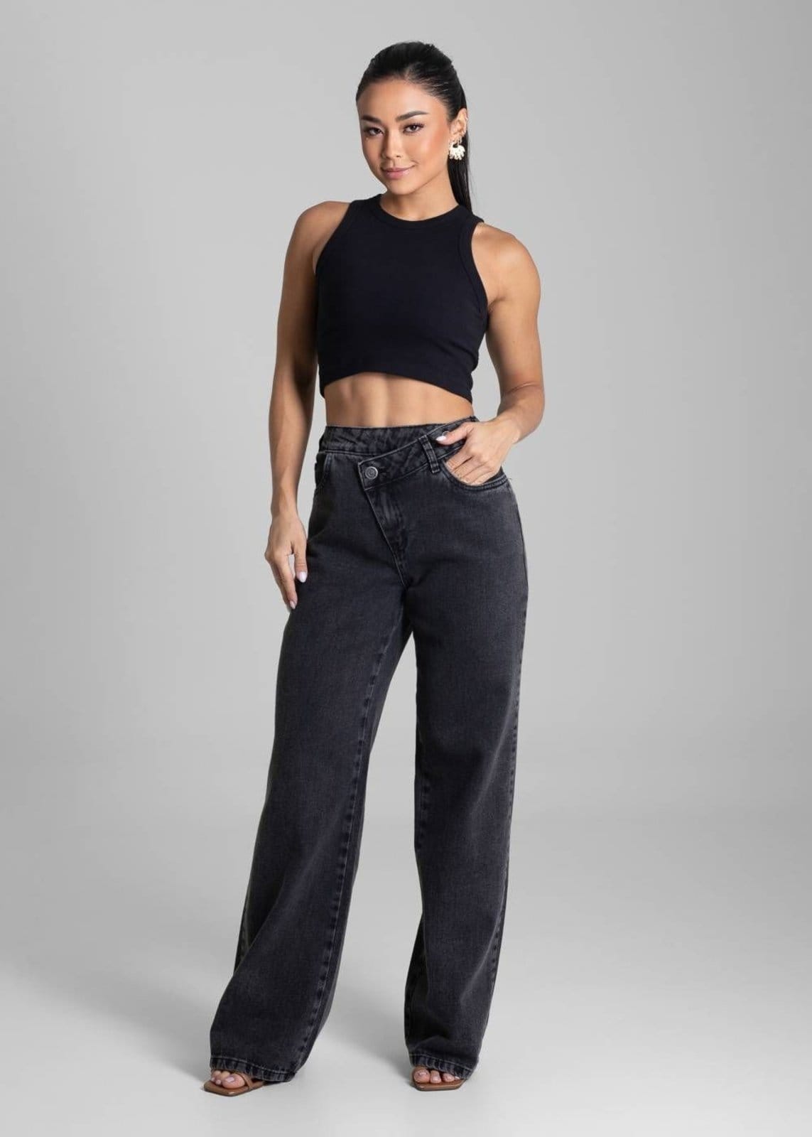Vista 2 Calça Jeans Sawary Wide Leg - 281665 Sawary preto