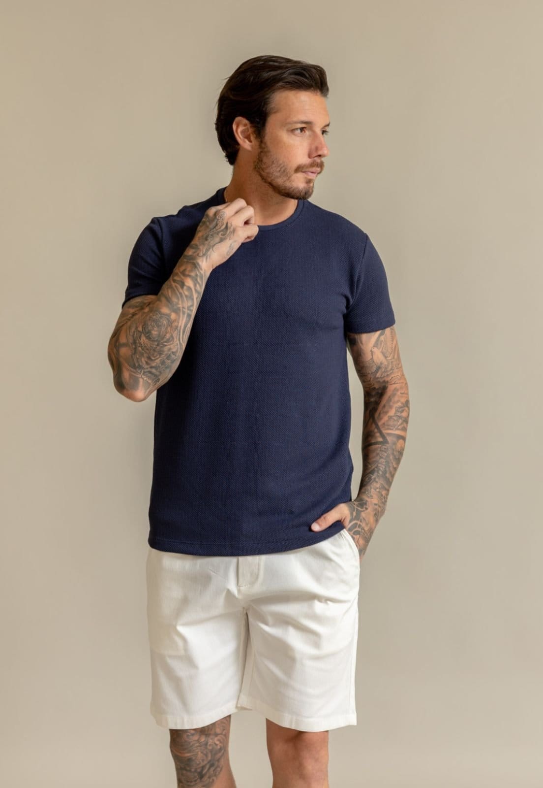 Camiseta Tricot Gola Careca com Elastano Marinho