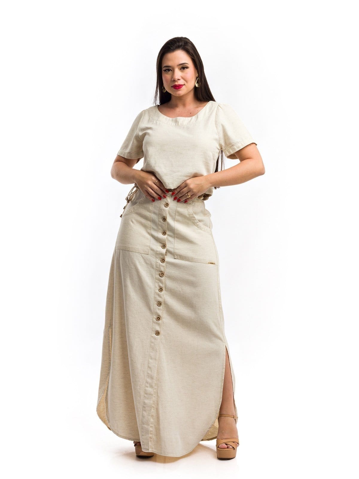 Conjunto Restrito Jeans Cropped e Saia Longa de Linho