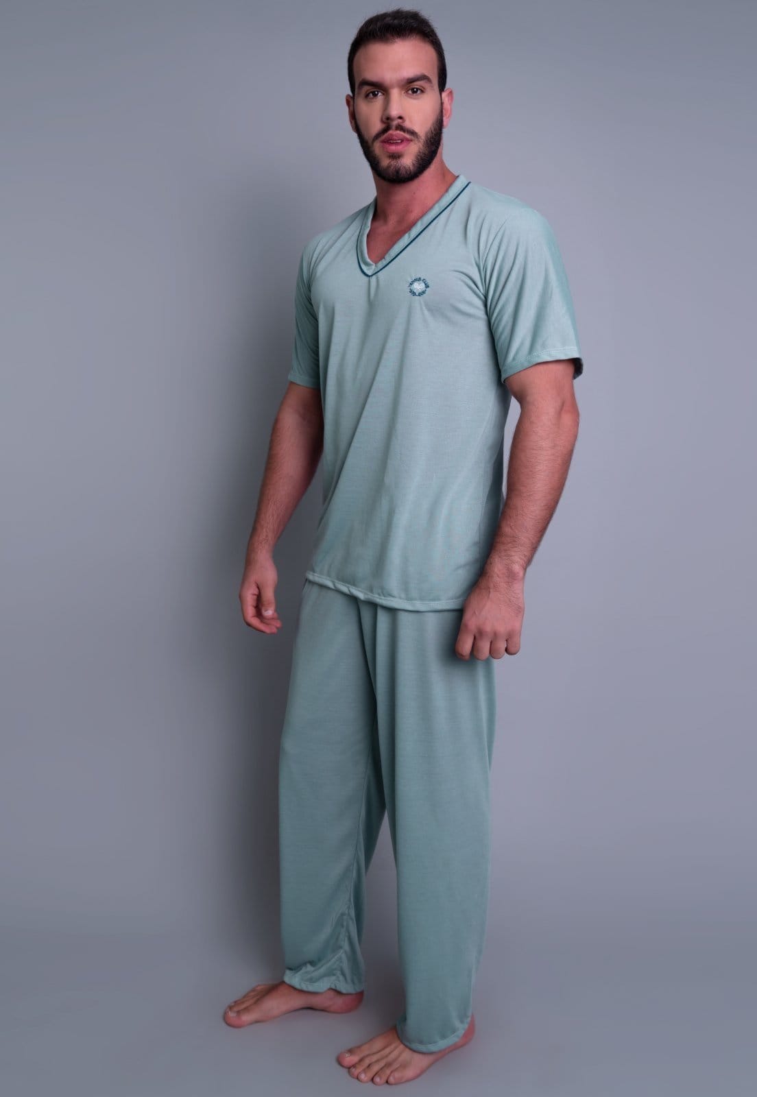 Vista 2 Pijama MVB Modas Longo Adulto Manga Curta E Calça Azul Cinza Mvb Modas cinza azul