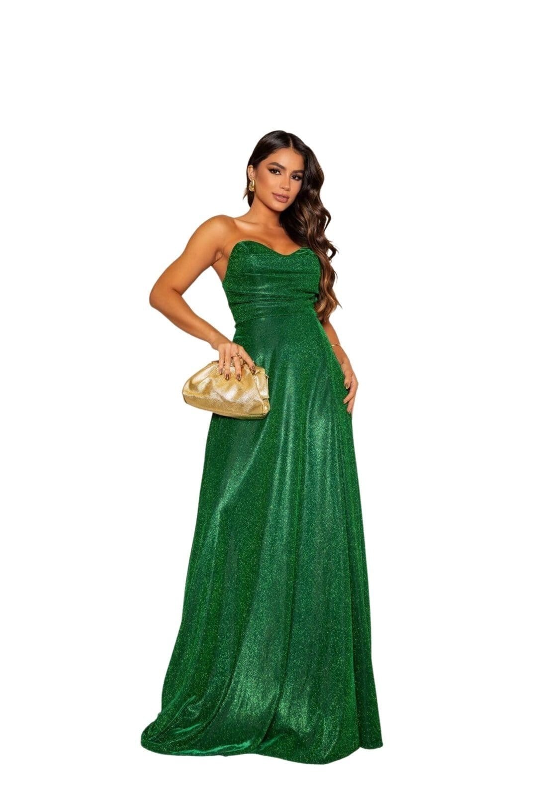 Vista 2 Vestido Longo de Festa Madrinhas Tomara que Caia Com Brilho Vicentina Esmeralda Cia do Vestido verde