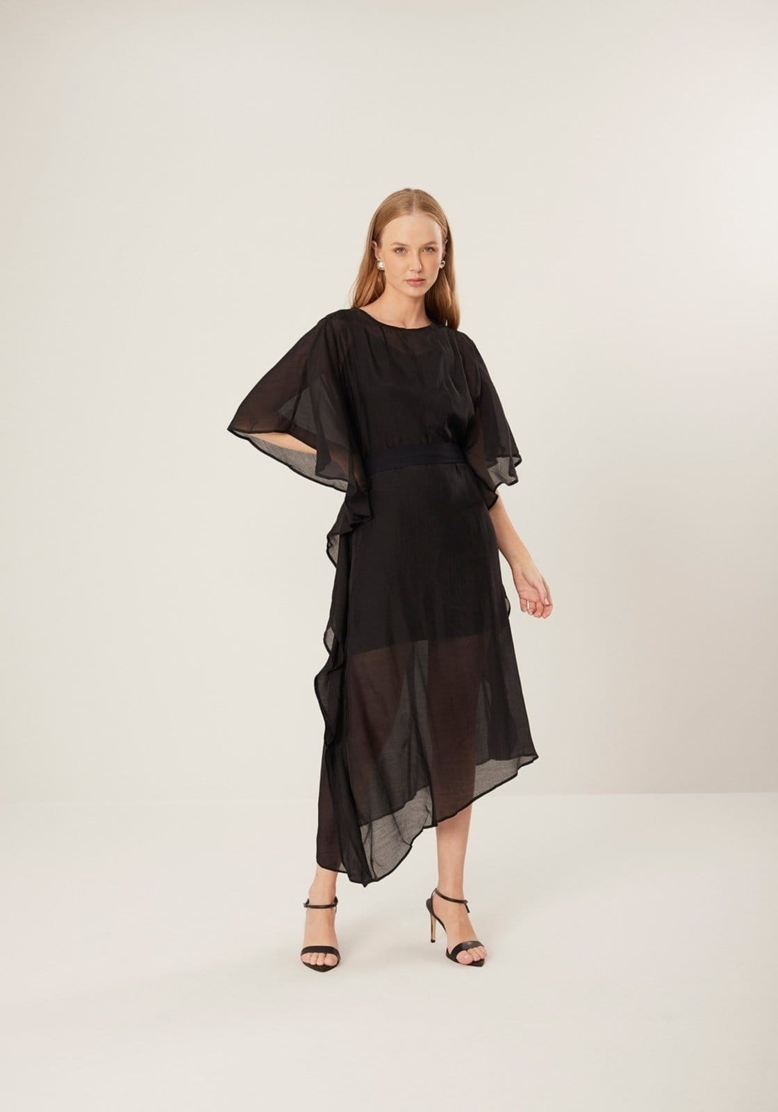 Vestido Lez a Lez Midi Chá Com Mangas Amplas E Transparência