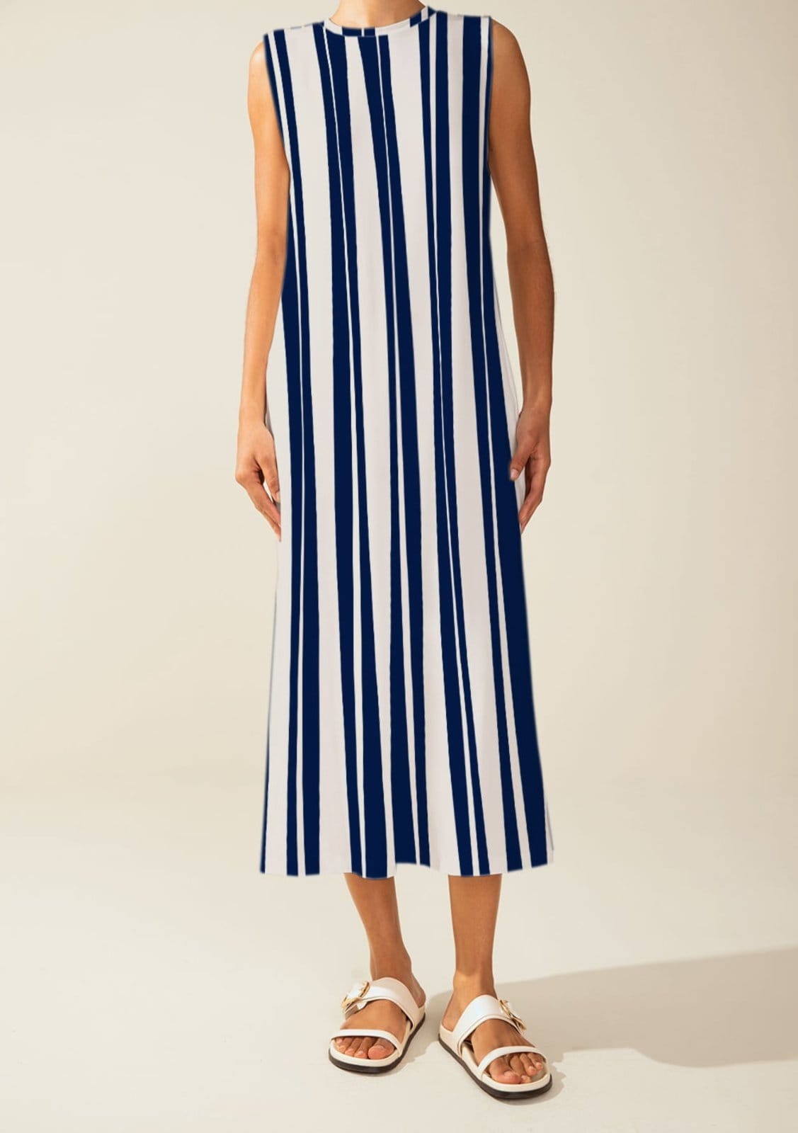 Vista 2 Vestido Morena Rosa Solto Decote Careca Sem Manga Midi Bege Morena Rosa bege rosa