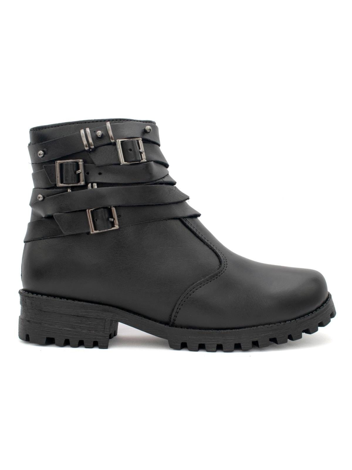 Vista 2 Bota Feminina Couro Cano Curto Fivela Ziper Lisa Moda FRANCA GRIFFE preto
